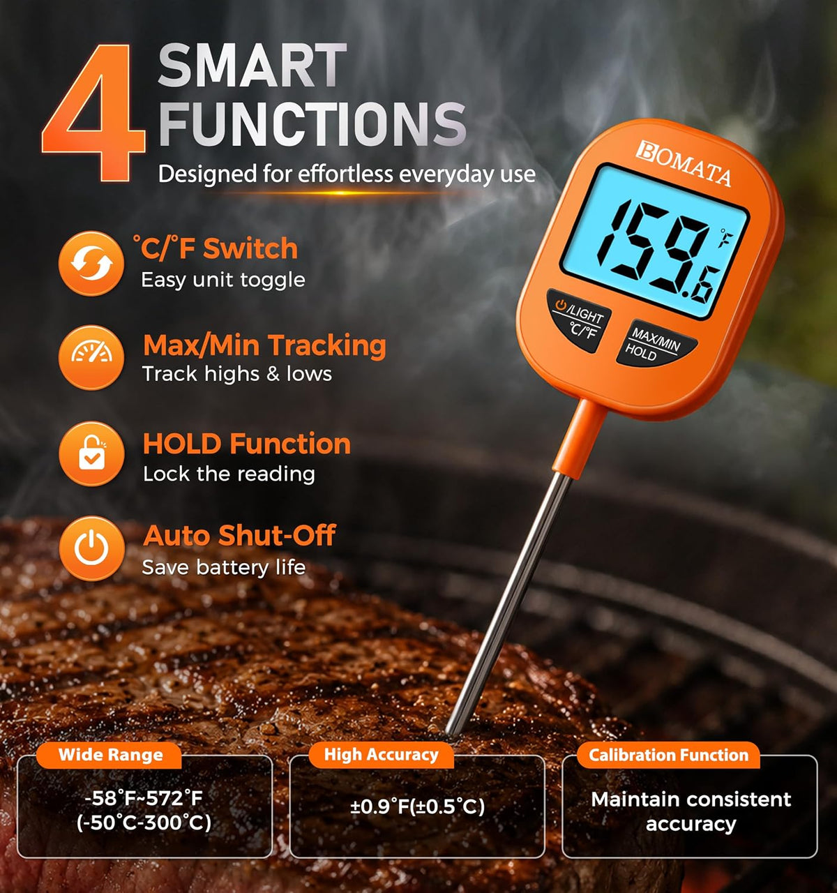 BOMATA Termómetro digital para carne, sonda de 5", IPX6 resistente...