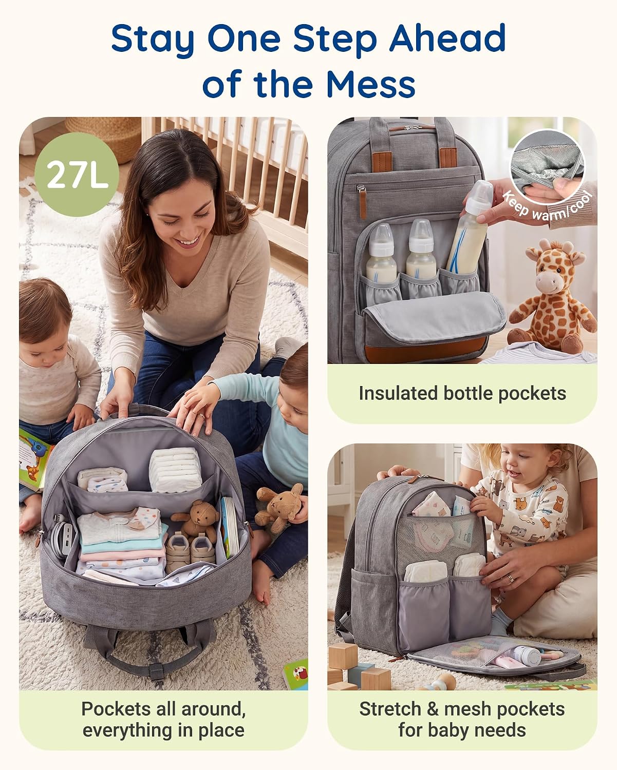 mommore Bolsa de pañales para bebé con cambiador impermeable, color...