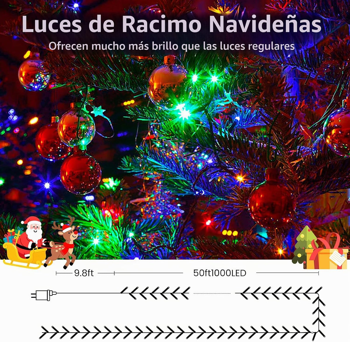 BHCLIGHT Luces navideñas en racimo de 1000 LED de 50 pies con contr...