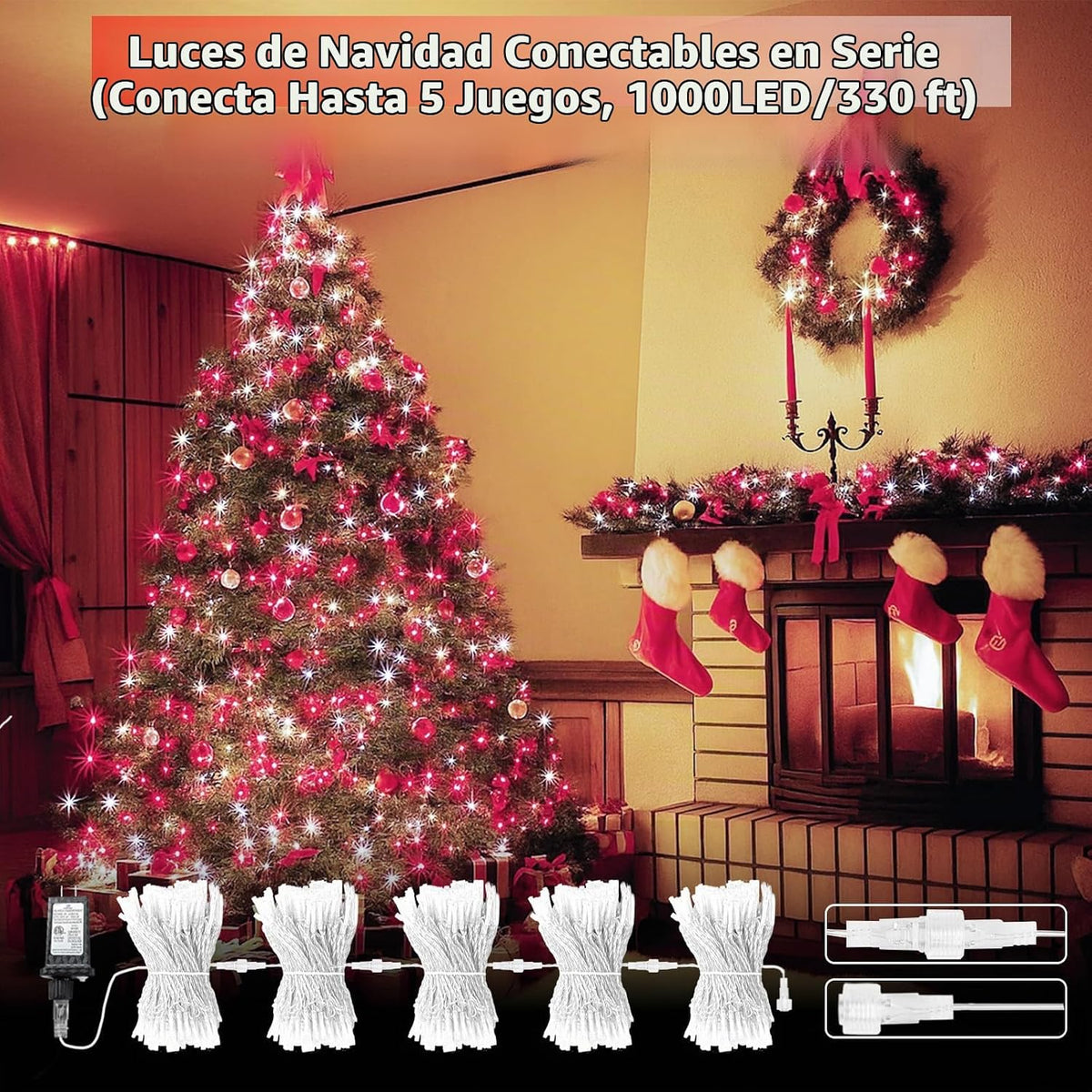 Guirnalda de 200 luces LED conectables, luces de Navidad de 66 pies...