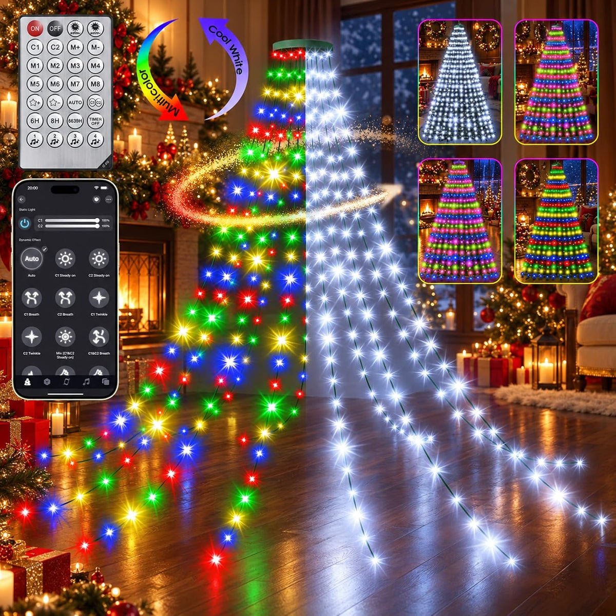 Anillo de 30 modos de luces para árbol de Navidad para interiores y...