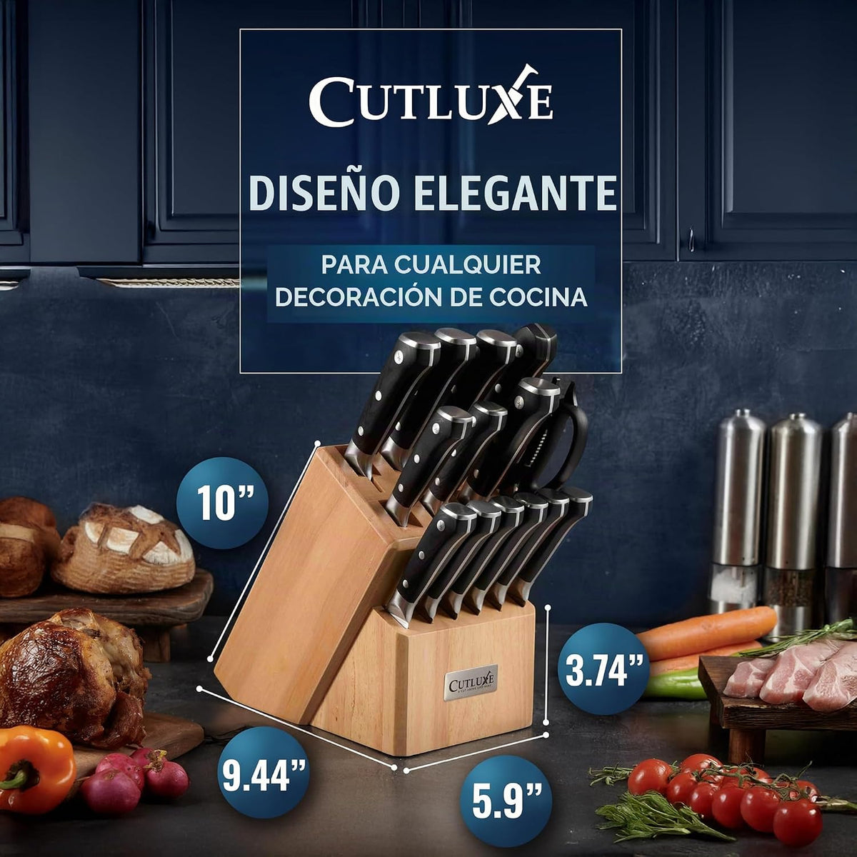 Cutluxe - Juego de 15 cuchillos \u2013 Bloque de madera de goma de...