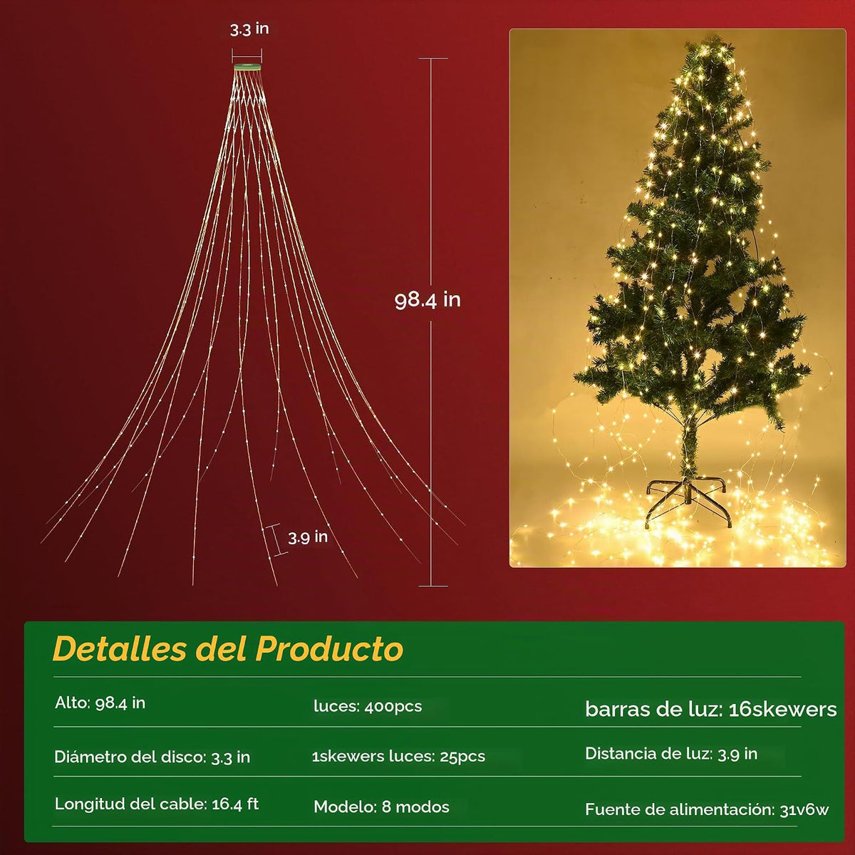 ForChic Luces de árbol de Navidad, 400 luces LED de Navidad con 8 m...