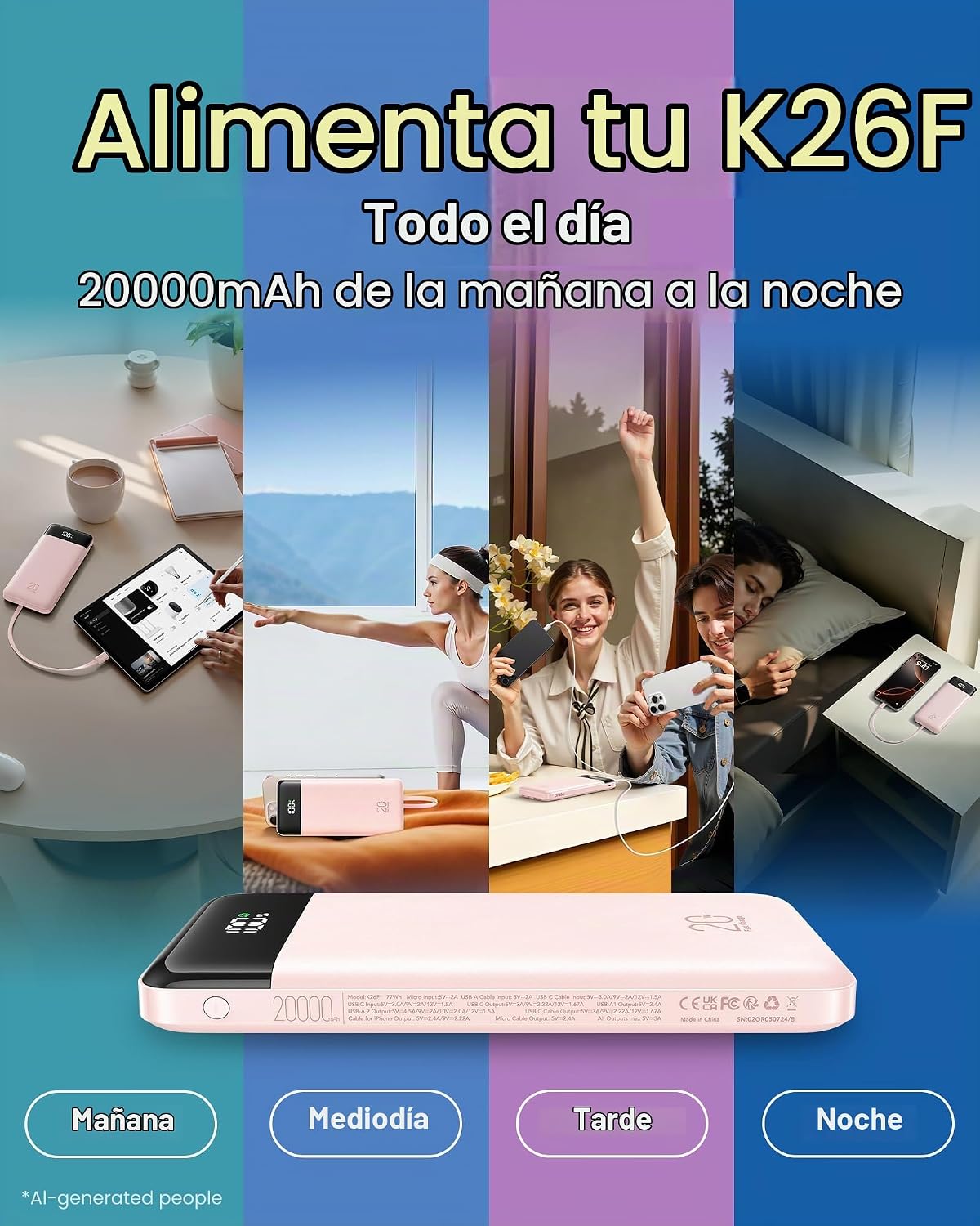 Orfeika 20000mAh Power Bank, cargador portátil con 4 cables incorpo...