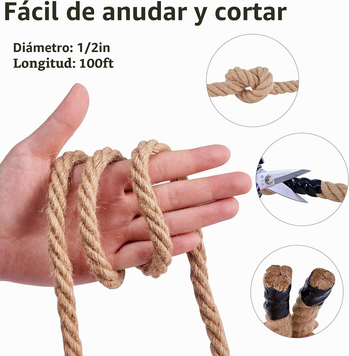 Cuerda de yute de 1\/2 pulgada x 100 pies, cuerda de cáñamo natural...