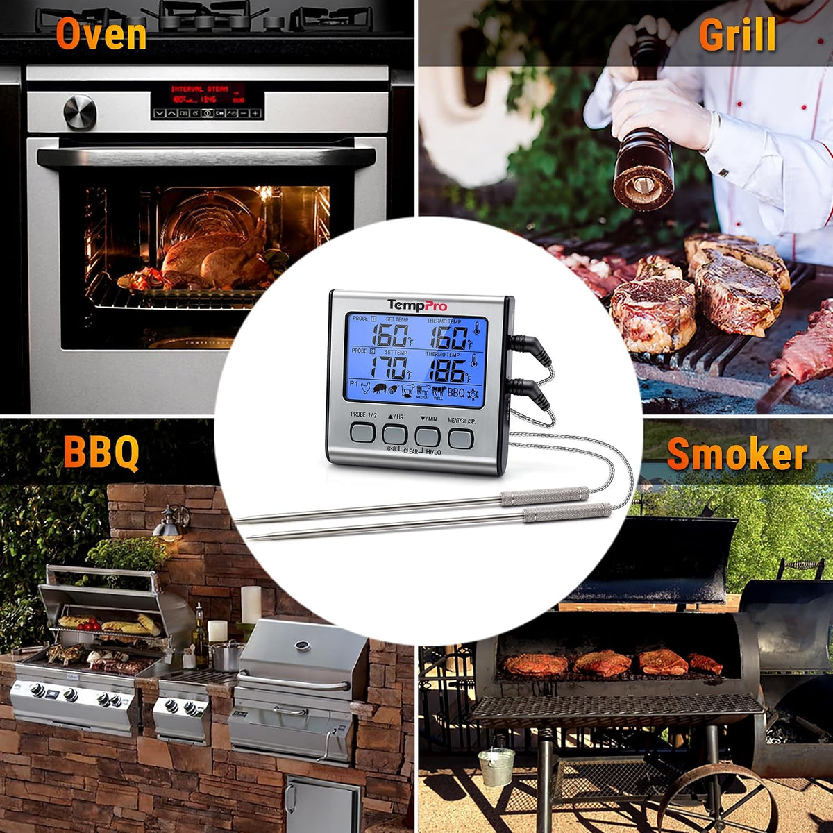 TempPro TempTrack Termómetro digital para cocinar carne con sonda d...
