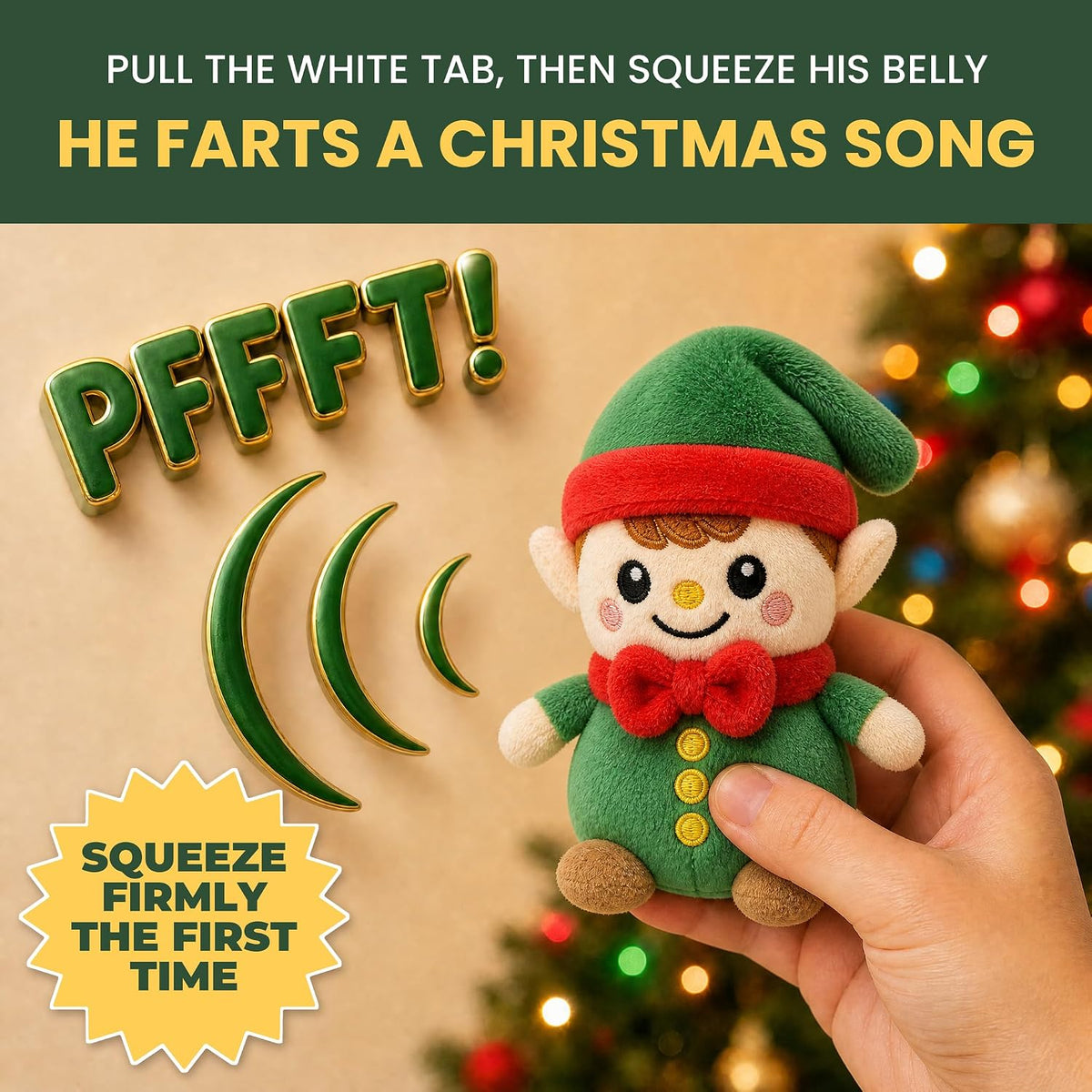 Juguete de peluche de elfo pedo, reproduce 3 canciones de Navidad e...