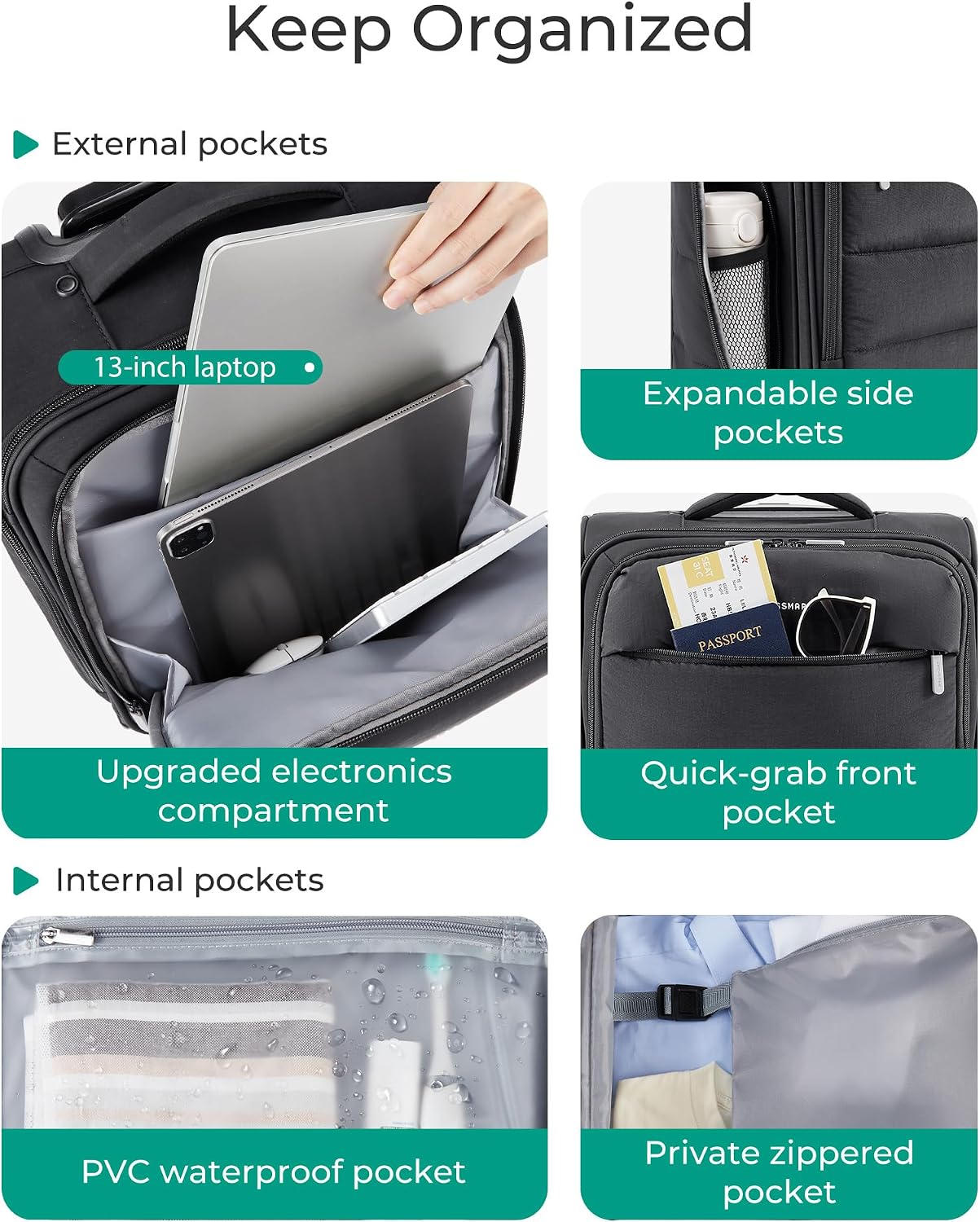 BAGSMART Equipaje de mano para debajo del asiento aprobado por aero...