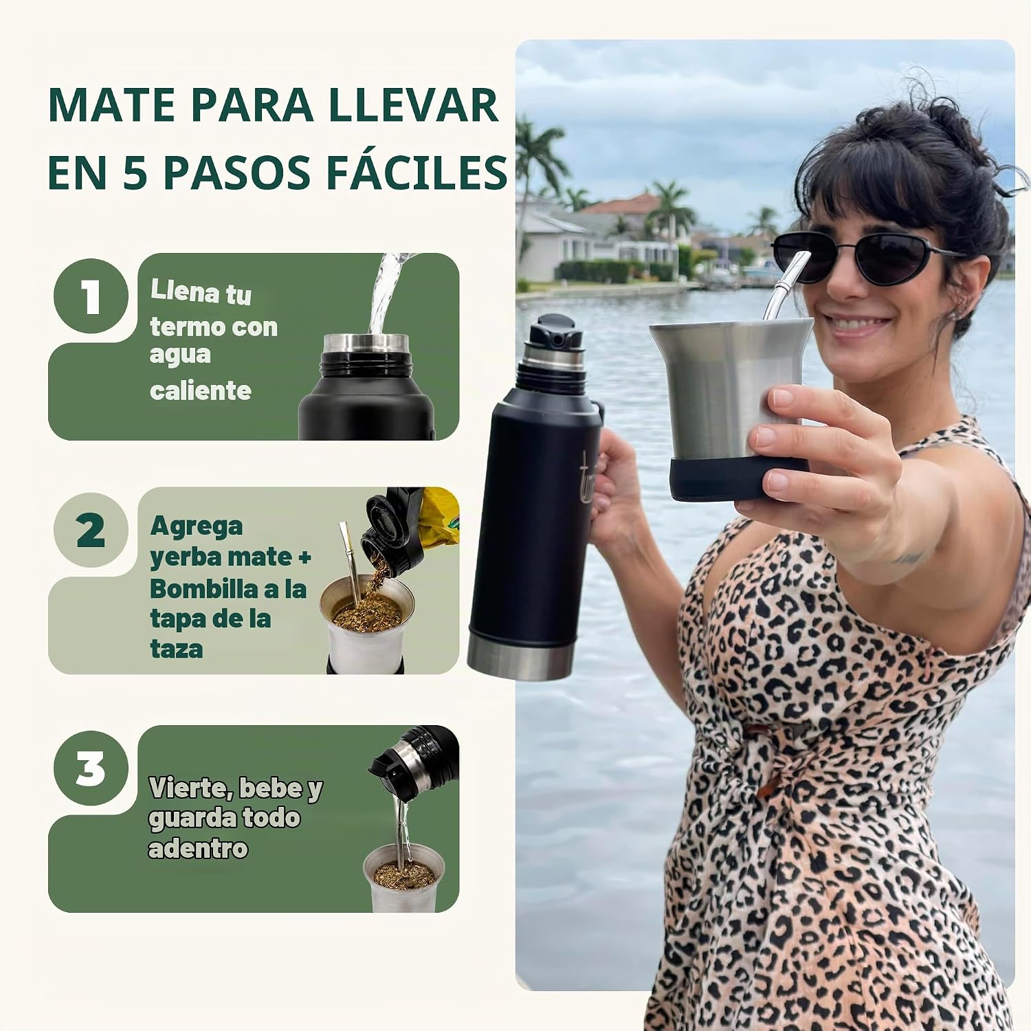 Kit completo de Yerba Mate – Termo de 1.2L con sistema mate, taza, boquilla de clip, pajita (Bombilla) y mochila gratis, juego de acero inoxidable de primera calidad para llevar