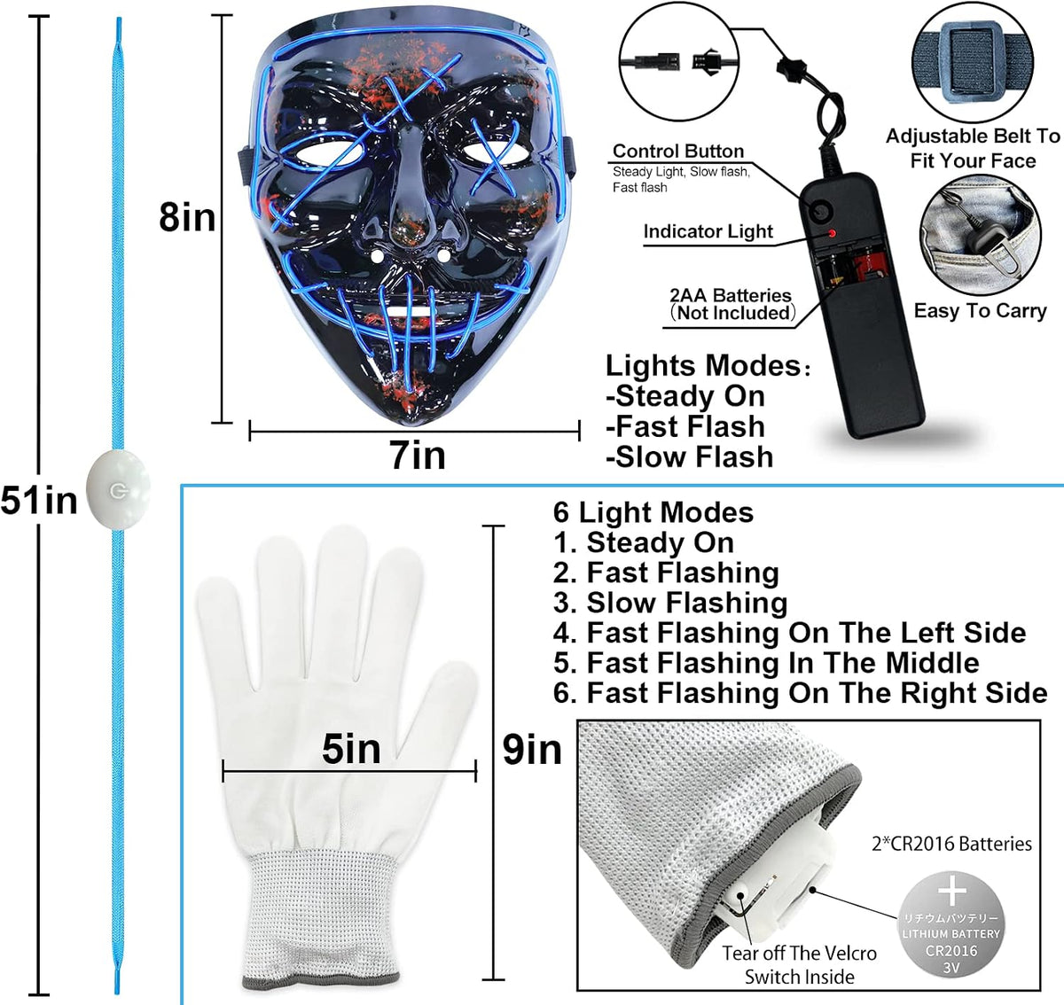 Conjunto de cordones para zapatos y guantes con máscara LED, kit de...