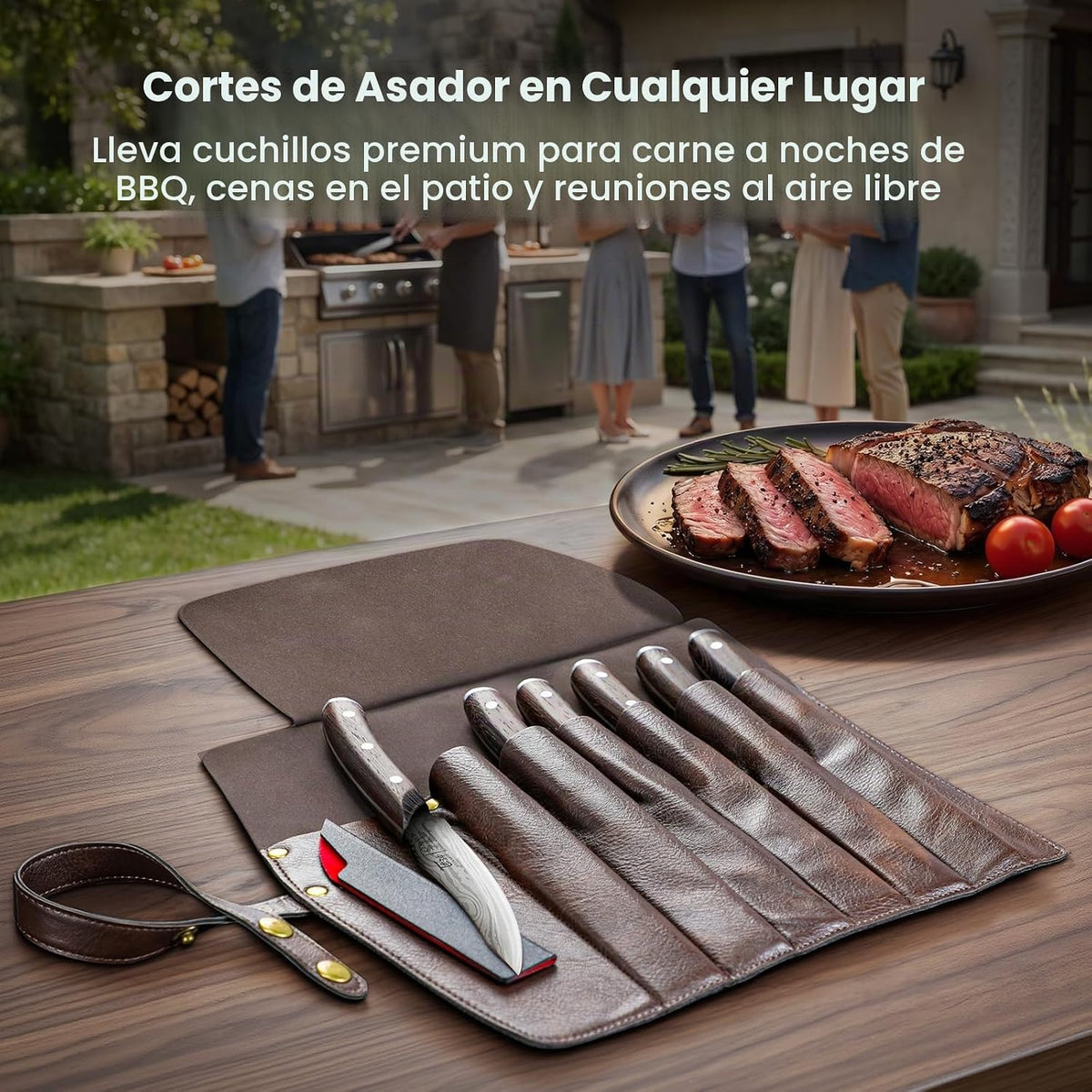 SYOKAMI Juego de 6 cuchillos para carne con rollo de cuero portátil...