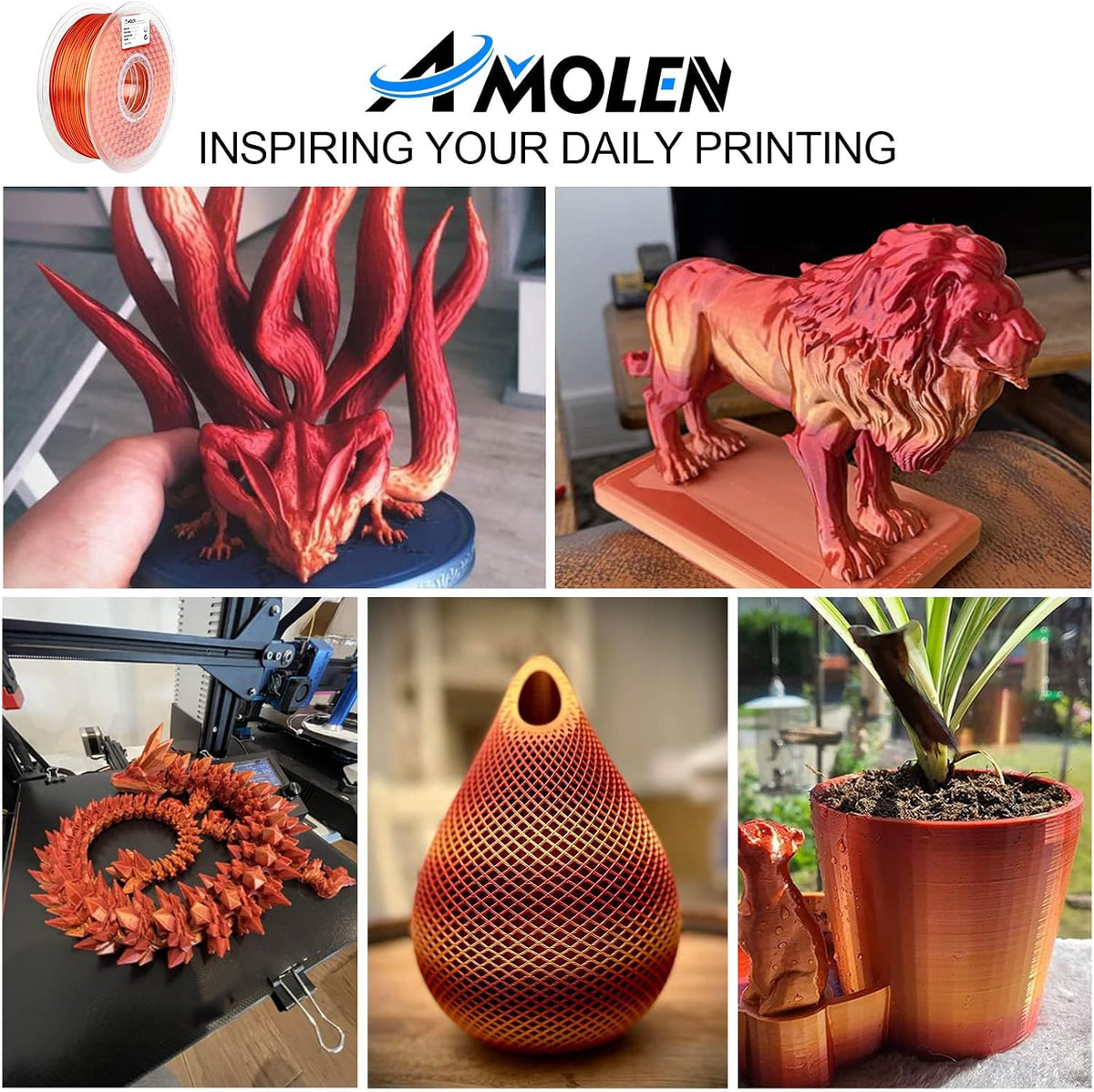 AMOLEN - Filamento de la impresora del PLA 3D de 0.069 pulgadas, br...