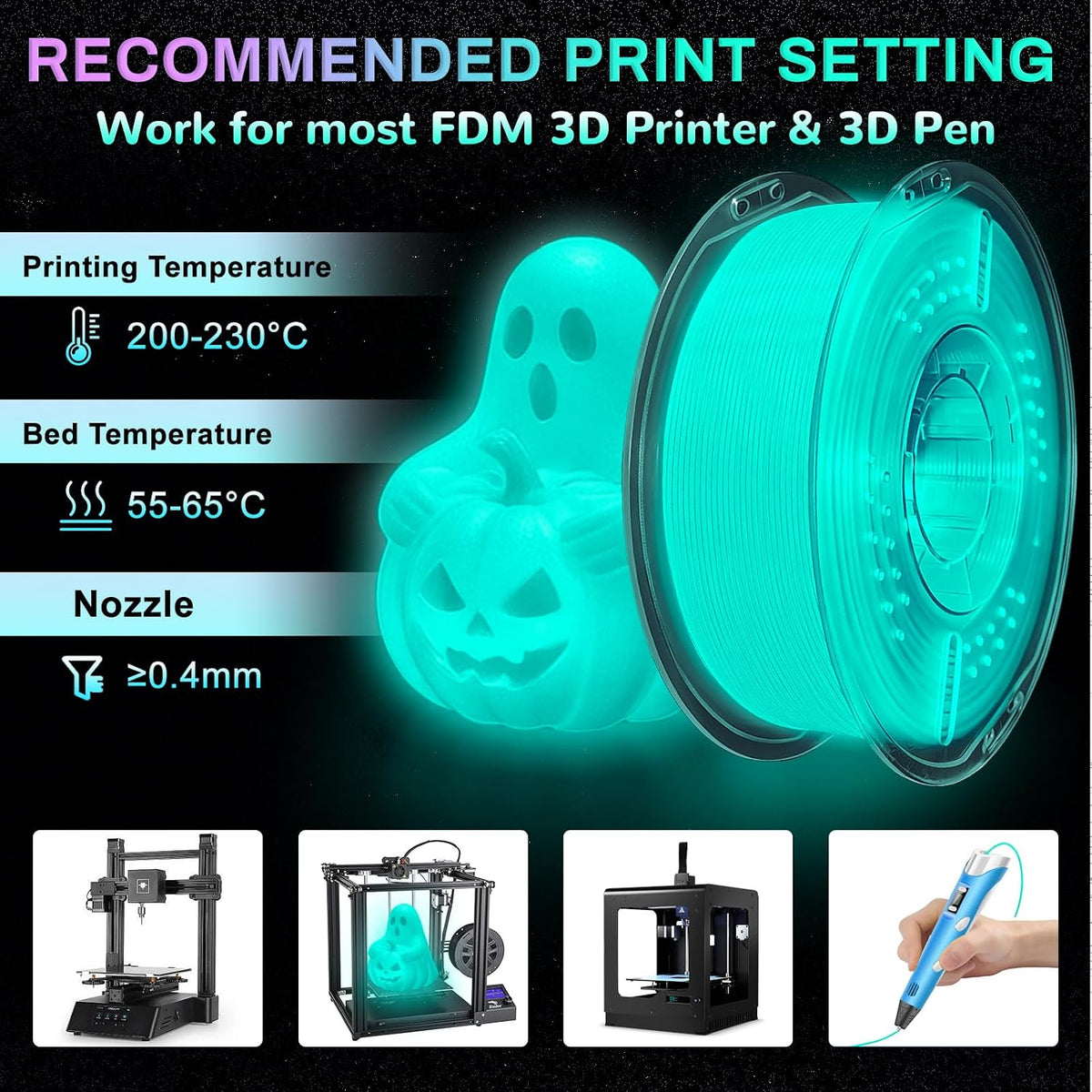 Frucindra Filamento de impresora 3D PLA+ que brilla en la oscuridad...