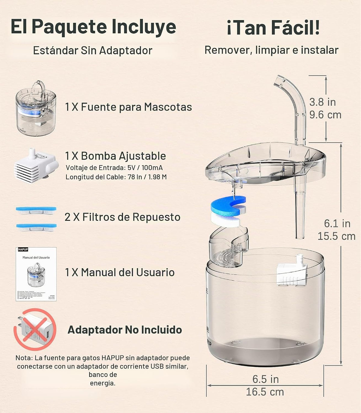 HAPUP Fuente de agua para gatos, dispensador de agua para animales,...