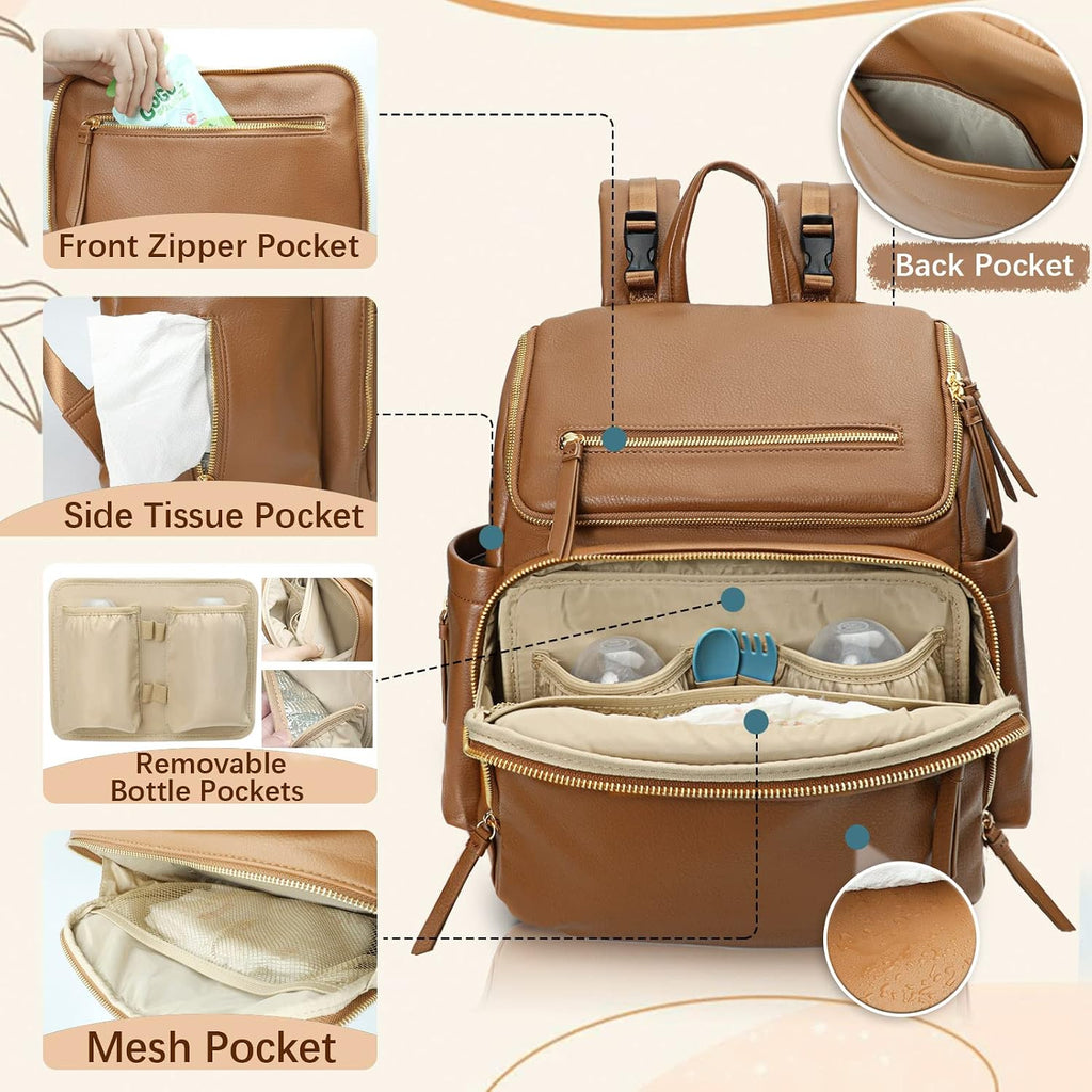 Omanmoli Mochila para Pañales Grande de Cuero para Bebé con 17 Bols...