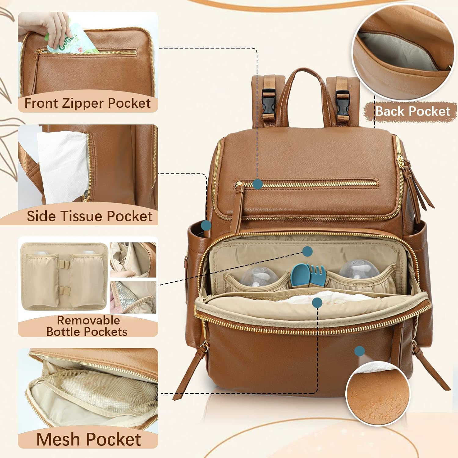 Omanmoli Mochila para Pañales Grande de Cuero para Bebé con 17 Bols...