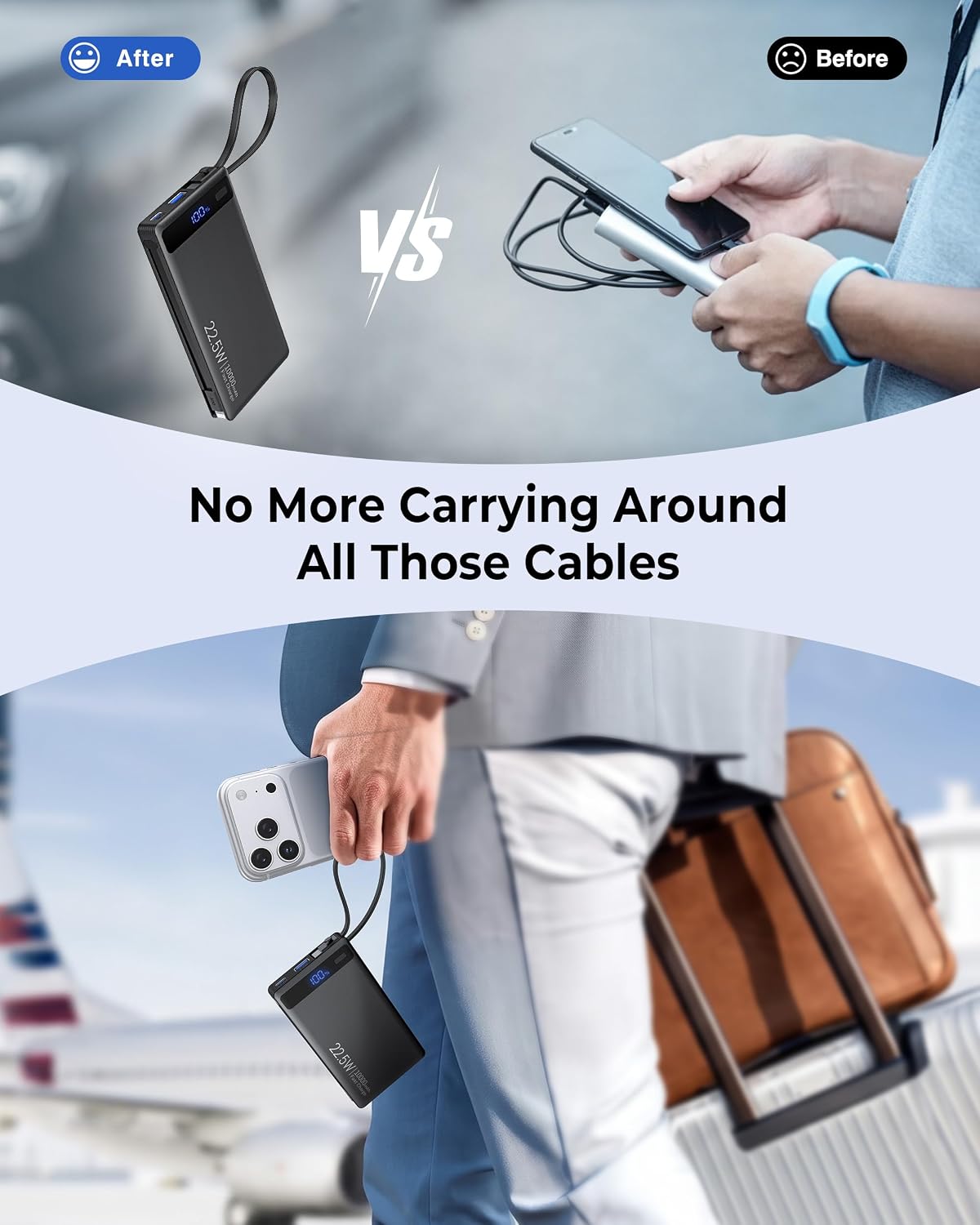 Cargador portátil 10000mAh incorporado 2 cables, 22.5W PD 40% más d...