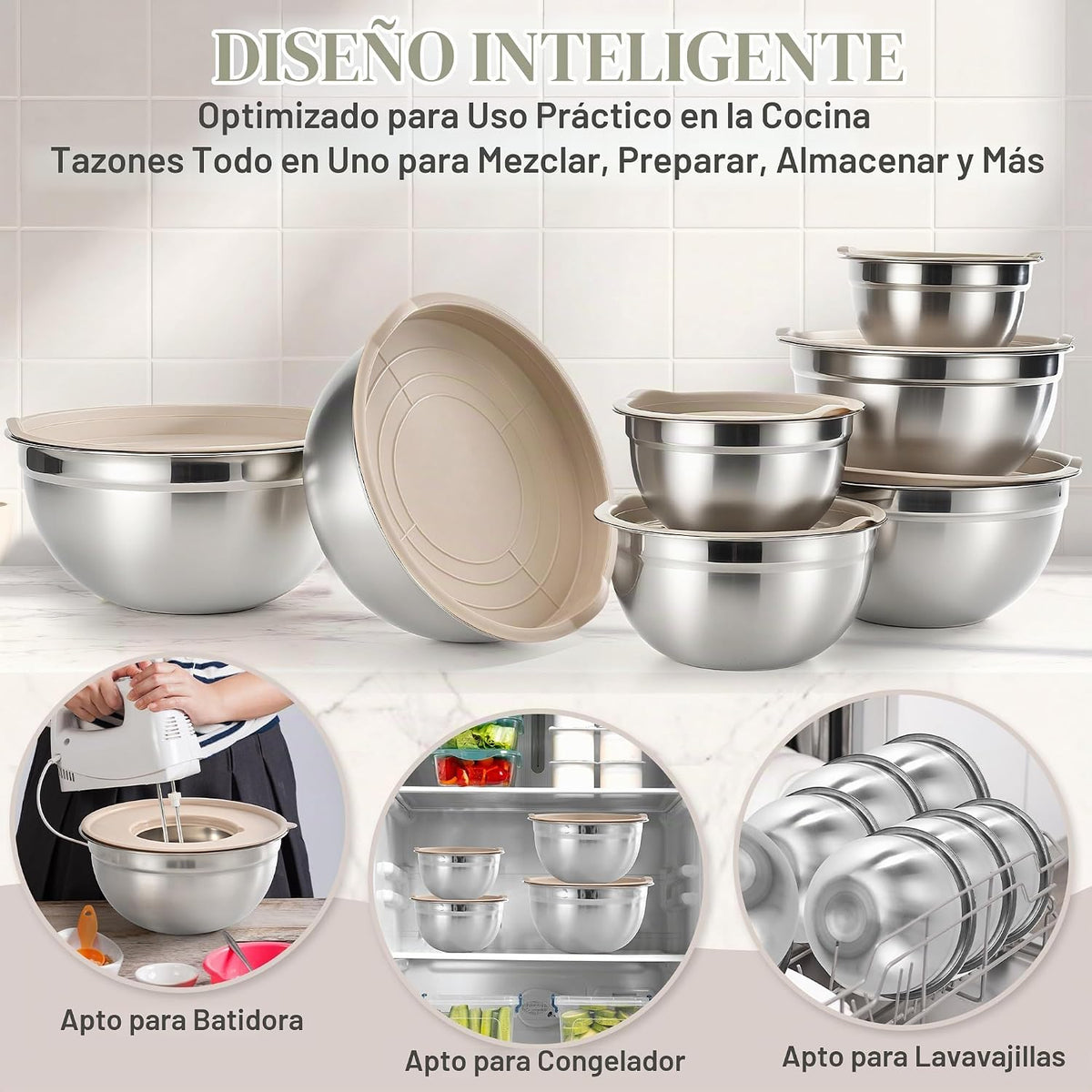 YUNNKEEY - Tazones para mezclar de acero inoxidable con tapas, jueg...
