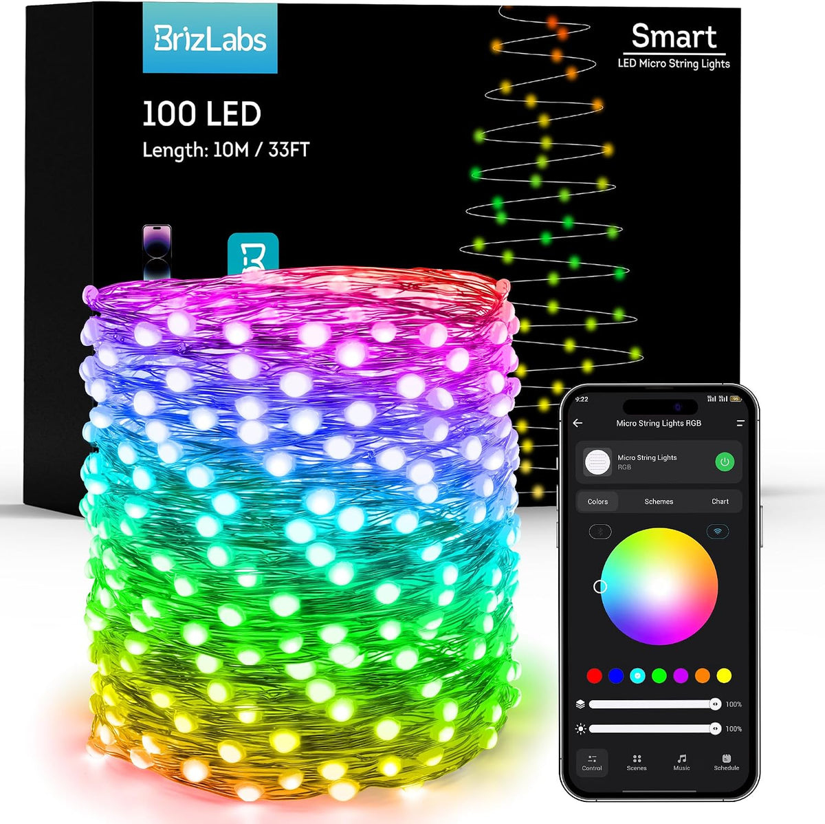 BrizLabs Luces de hadas RGB inteligentes, 33 pies 100 LED compatibl...
