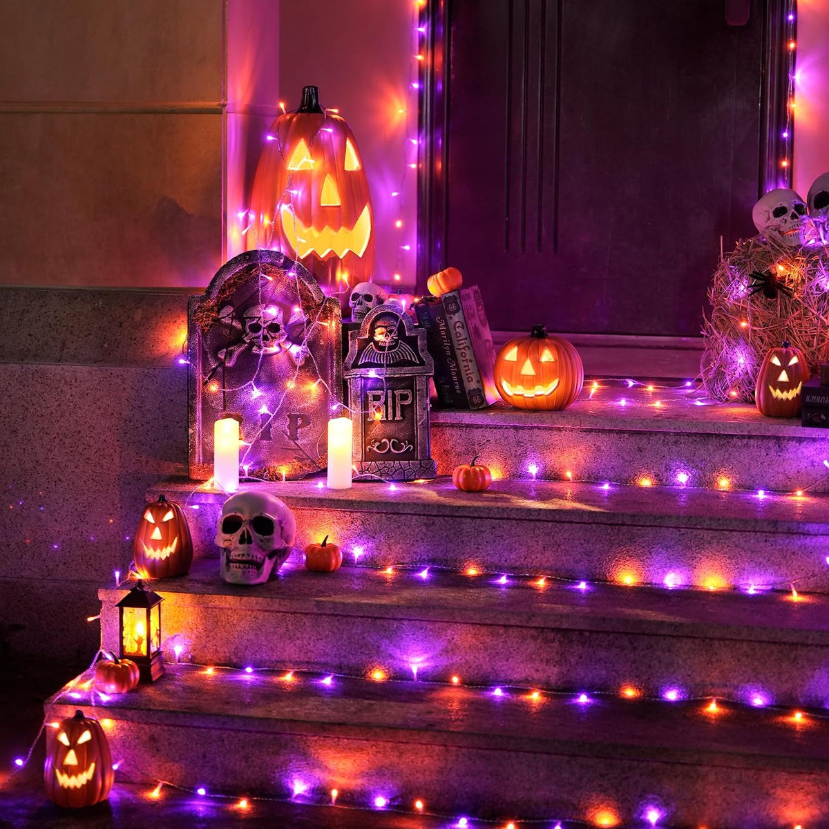 JMEXSUSS 400 luces LED naranja y morado de Halloween para interiore...