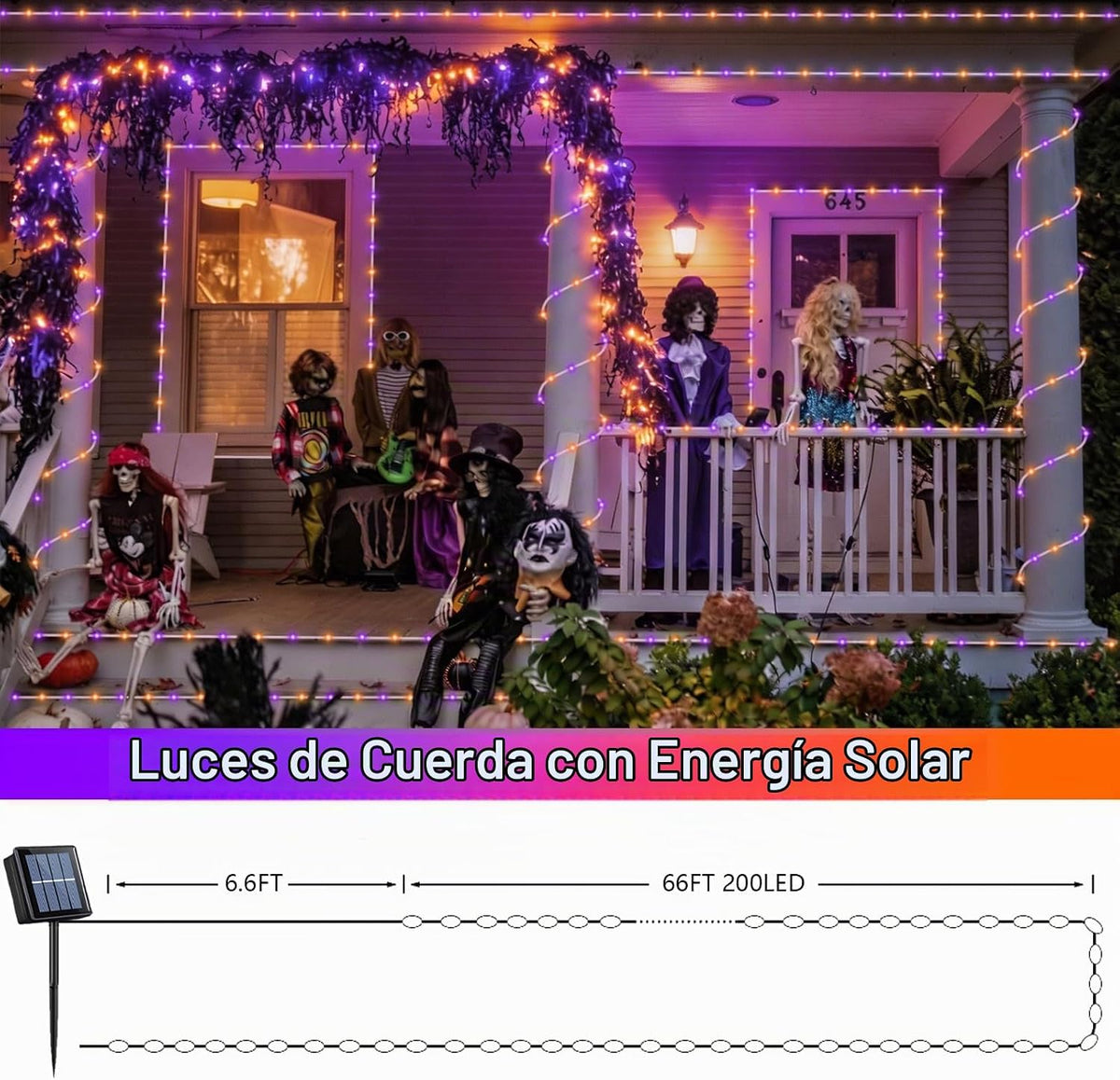 QITONG Luces solares de Halloween naranjas y moradas, 66 pies, 200...