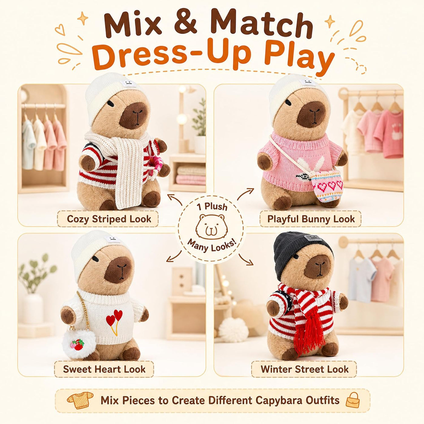 WAKSUN Capybara - Peluche con 10 piezas de ropa y accesorios, anima...