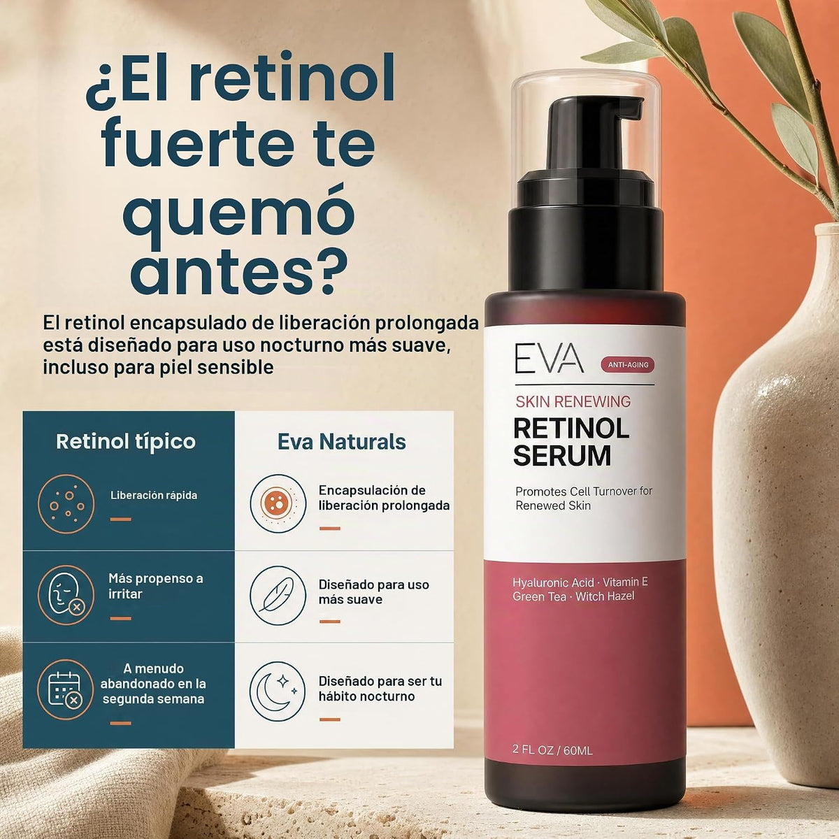 Eva Naturals Suero de retinol, ácido hialurónico y líneas finas, 2...