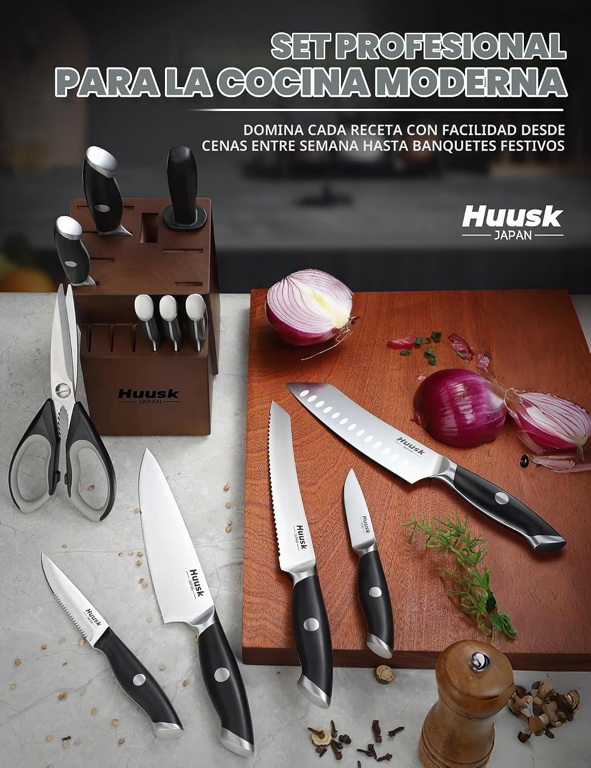 Huusk Juego de 14 cuchillos de cocina japoneses de espiga completa...