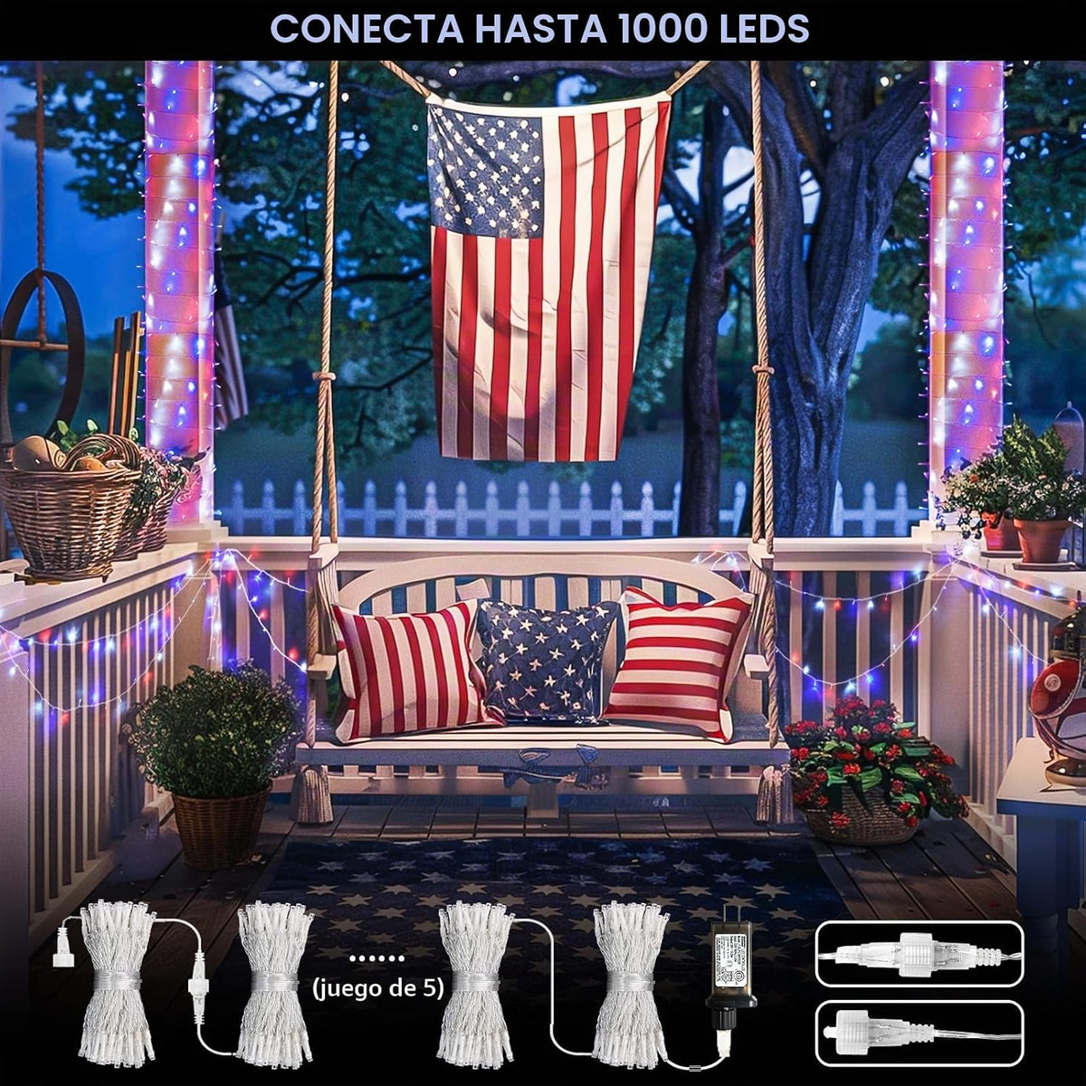 JMEXSUSS Luces rojas, blancas y azules, 200 luces LED del 4 de juli...