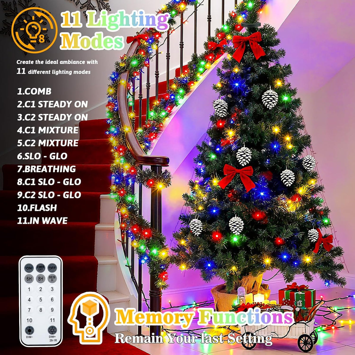 Luces de árbol de Navidad con control remoto, 9.8 pies, 592 luces L...