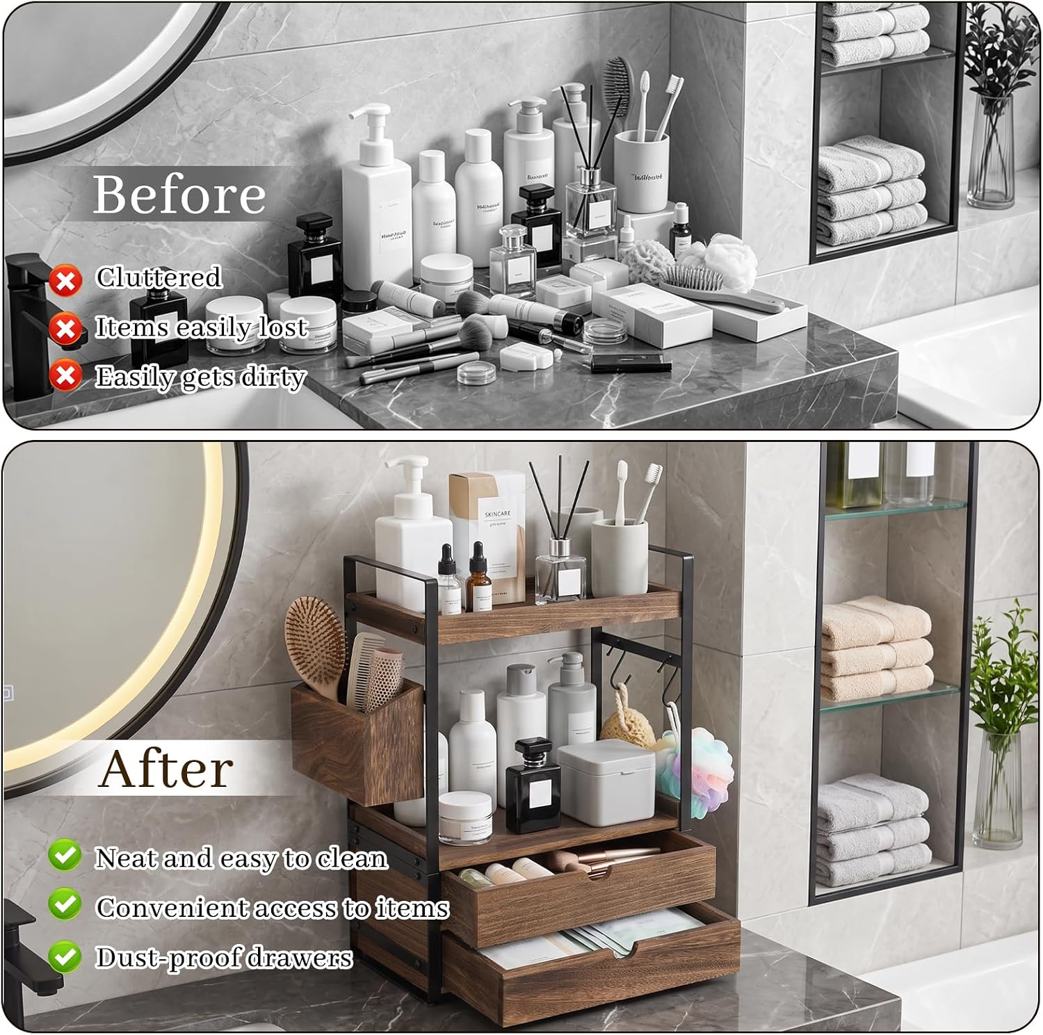 Organizador de encimera de baño de 2 niveles con 2 cajones, cesta y...