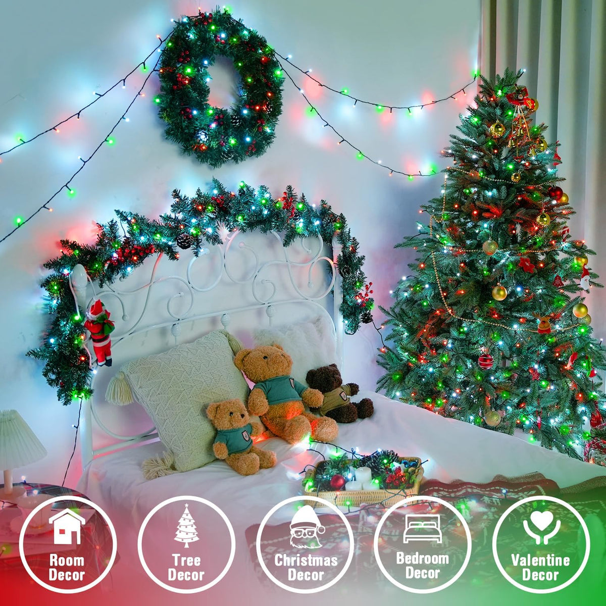 JMEXSUSS 250 luces LED rojas, blancas y verdes de Navidad impermeab...