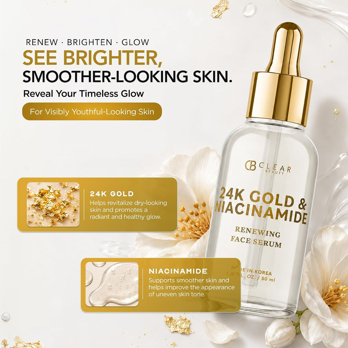 Clear Beauty Suero de oro de 24 quilates y niacinamida para cara, a...