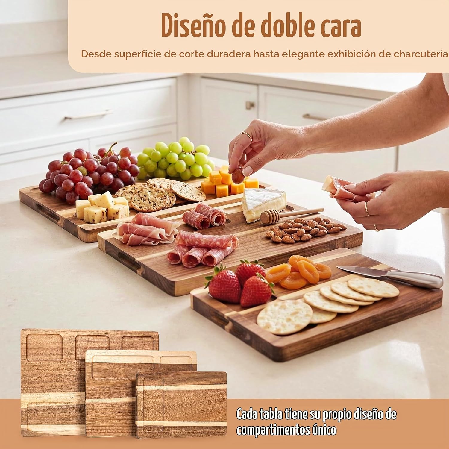 EDELHAUS Juego de 3 tablas de cortar de madera de acacia para cocin...