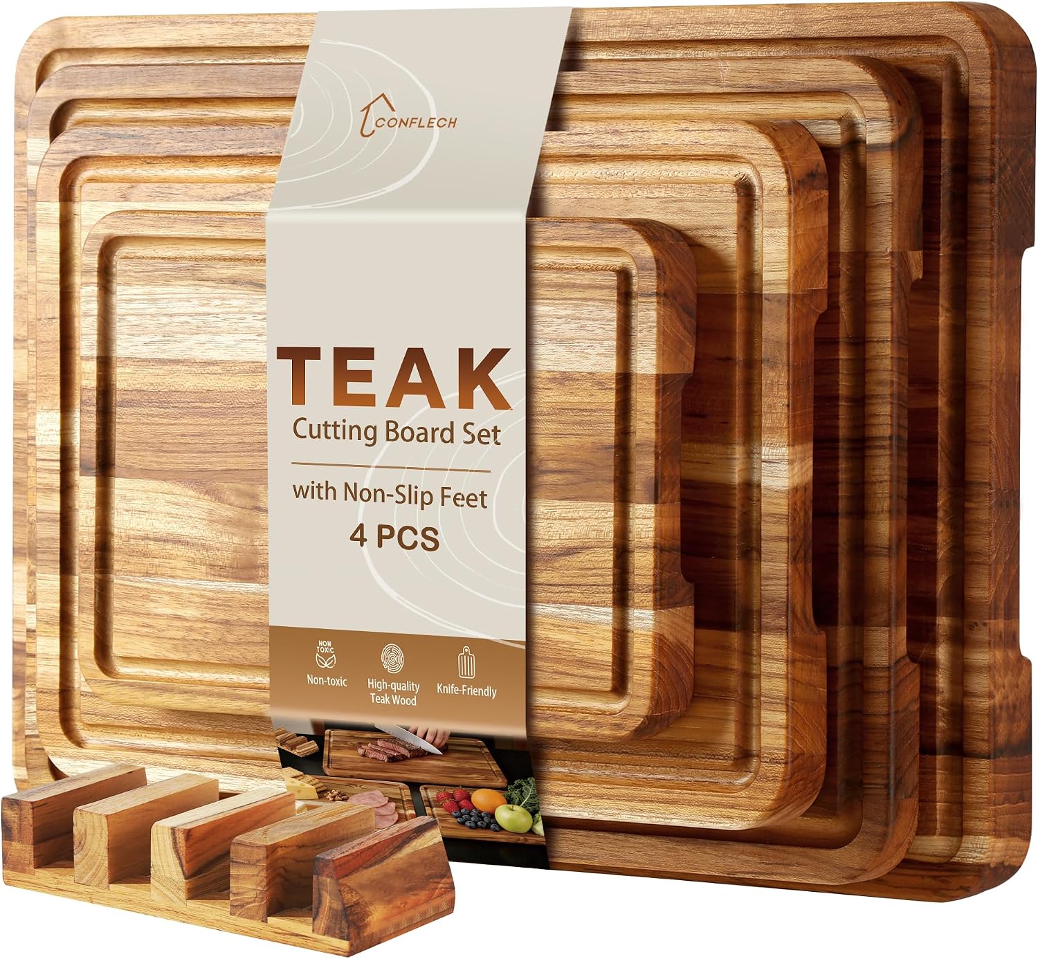Juego de 4 tablas de cortar de teca para cocina, tabla de cortar de...
