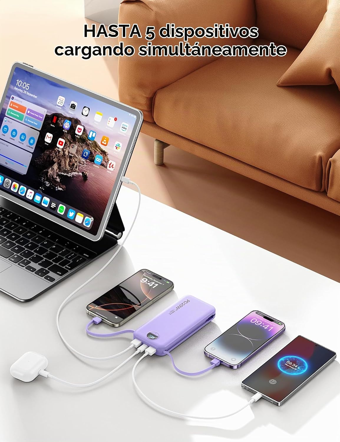 Cargador portátil Power Bank 10000mAh con cables integrados y enchu...