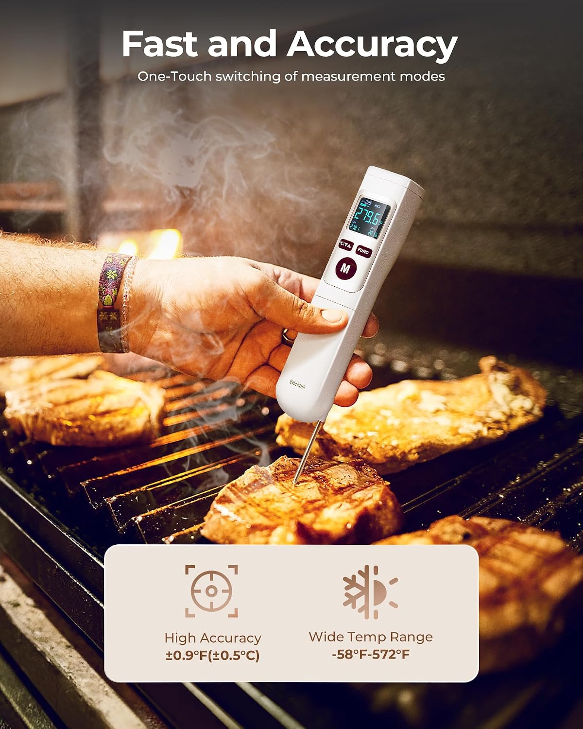 ERICKHILL Termómetro Infrarrojo con Sonda para Carne, Pistola de Te...