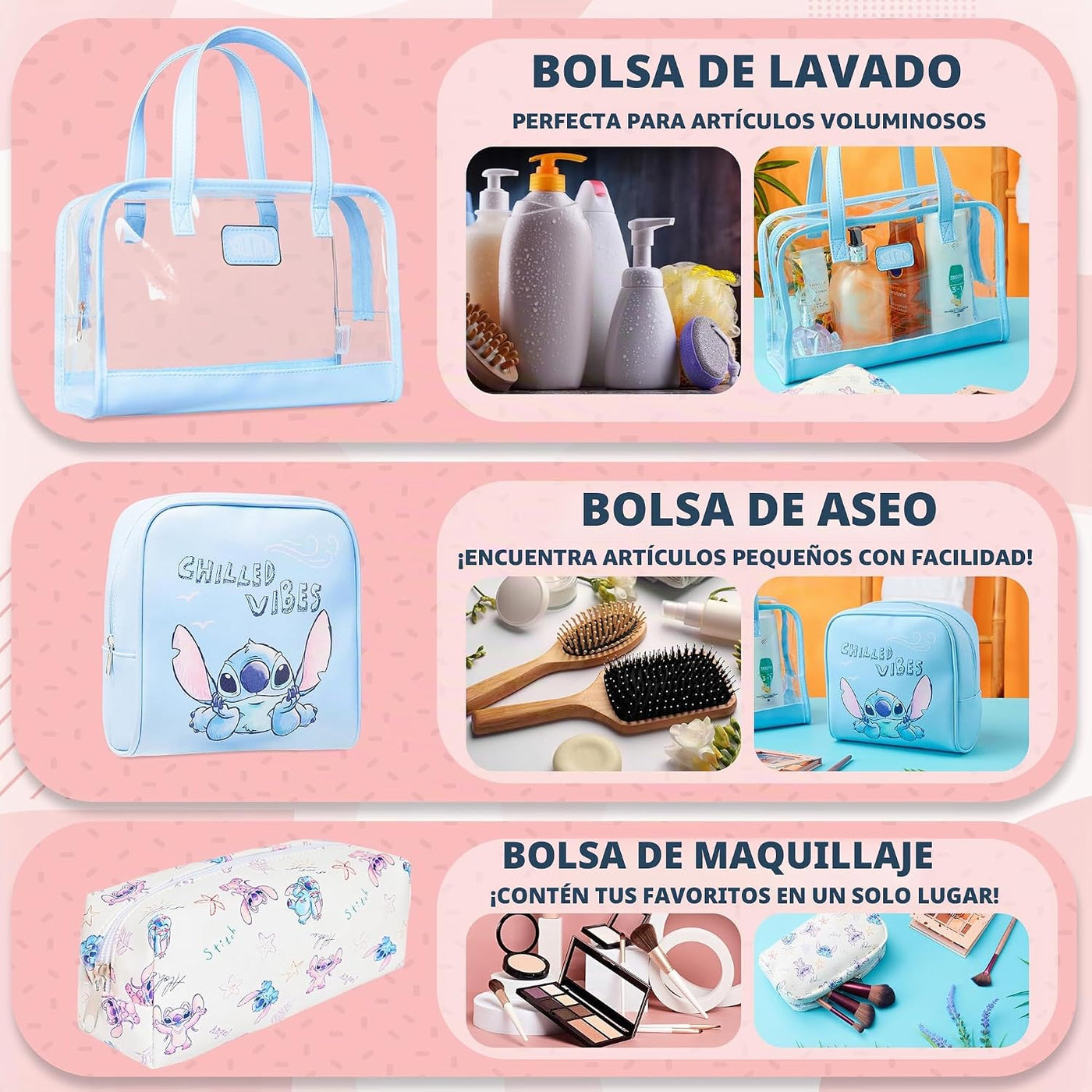 Disney Set de bolsa de aseo Stitch para mujeres y niñas, bolsa de c...