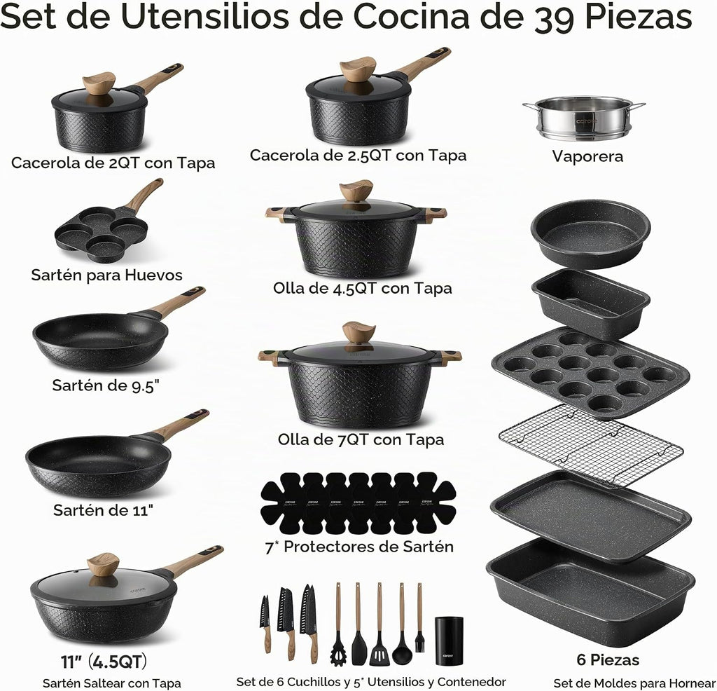 CAROTE Juego de 39 ollas y sartenes antiadherentes, juego de utensi...