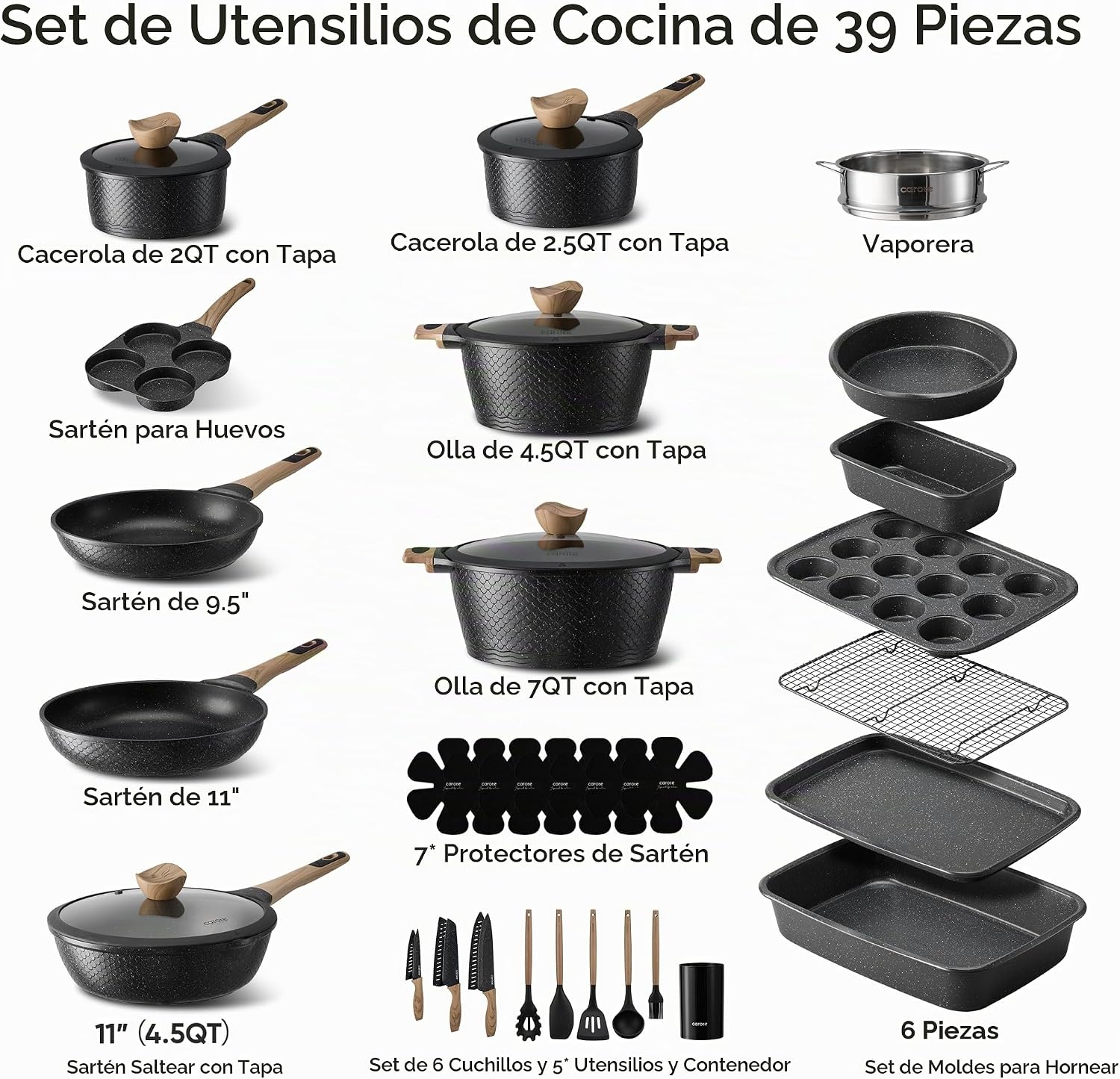 CAROTE Juego de 39 ollas y sartenes antiadherentes, juego de utensi...