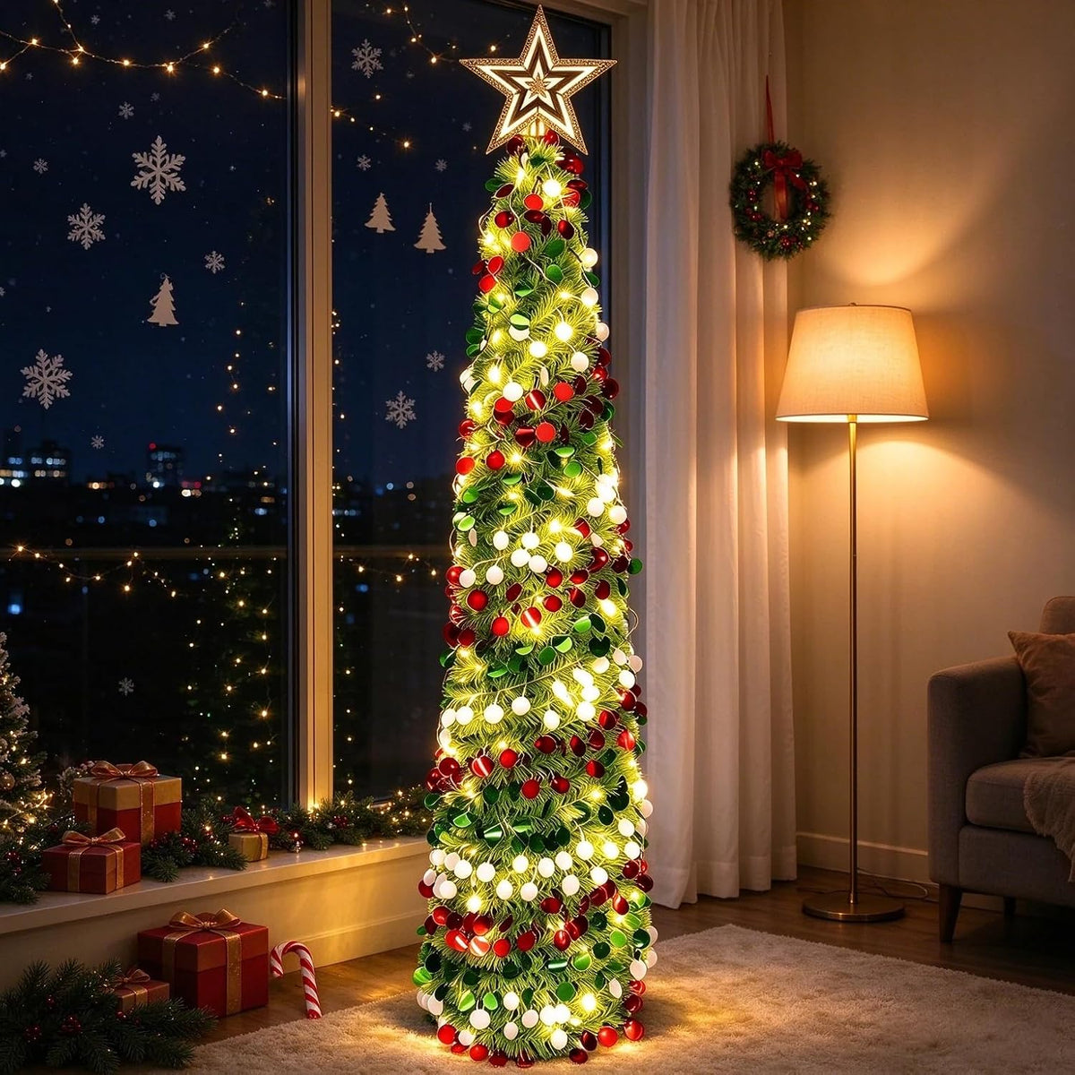 Árbol de Navidad de oropel de 5 pies con 50 luces LED cálidas, pleg...