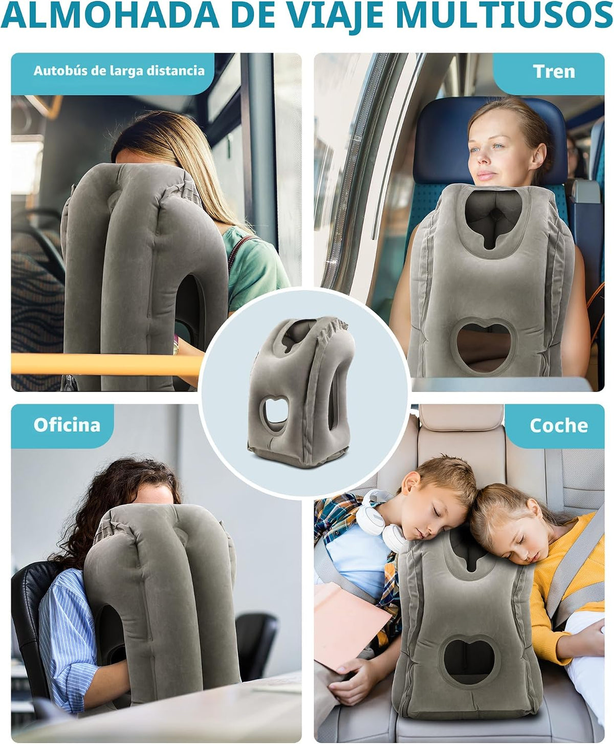 JefDiee Almohada inflable de viaje, almohada de cuello de avión que...