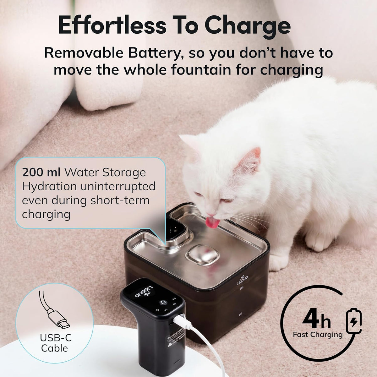 LIPPUP Fuente de agua inalámbrica para gatos de 88 oz\/2.6 L, fuent...