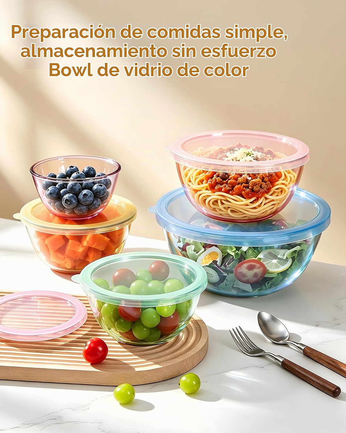 Paquete de 5 tazones de vidrio para mezclar con tapas (4.78 cuartos...