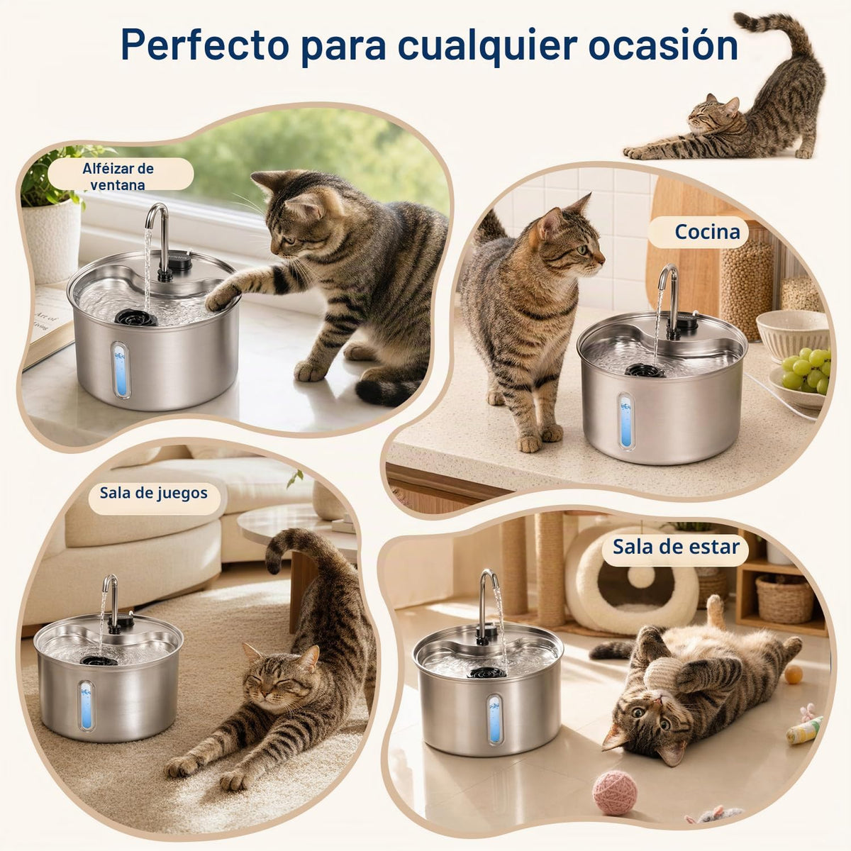 SOVELIVEE Fuente de agua para gatos, fuente para gatos de acero ino...