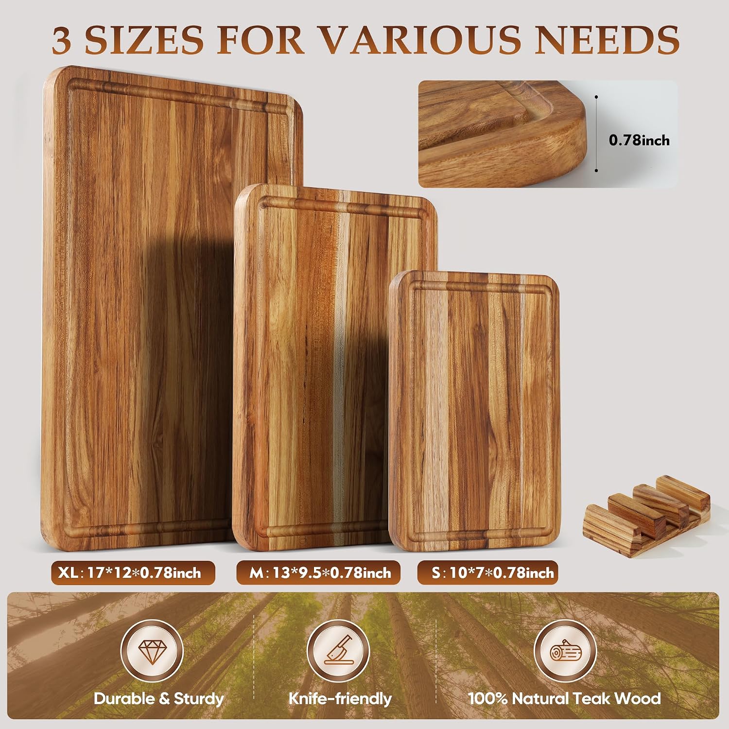 Juego de 3 tablas de cortar de teca para cocina, tabla de madera pa...