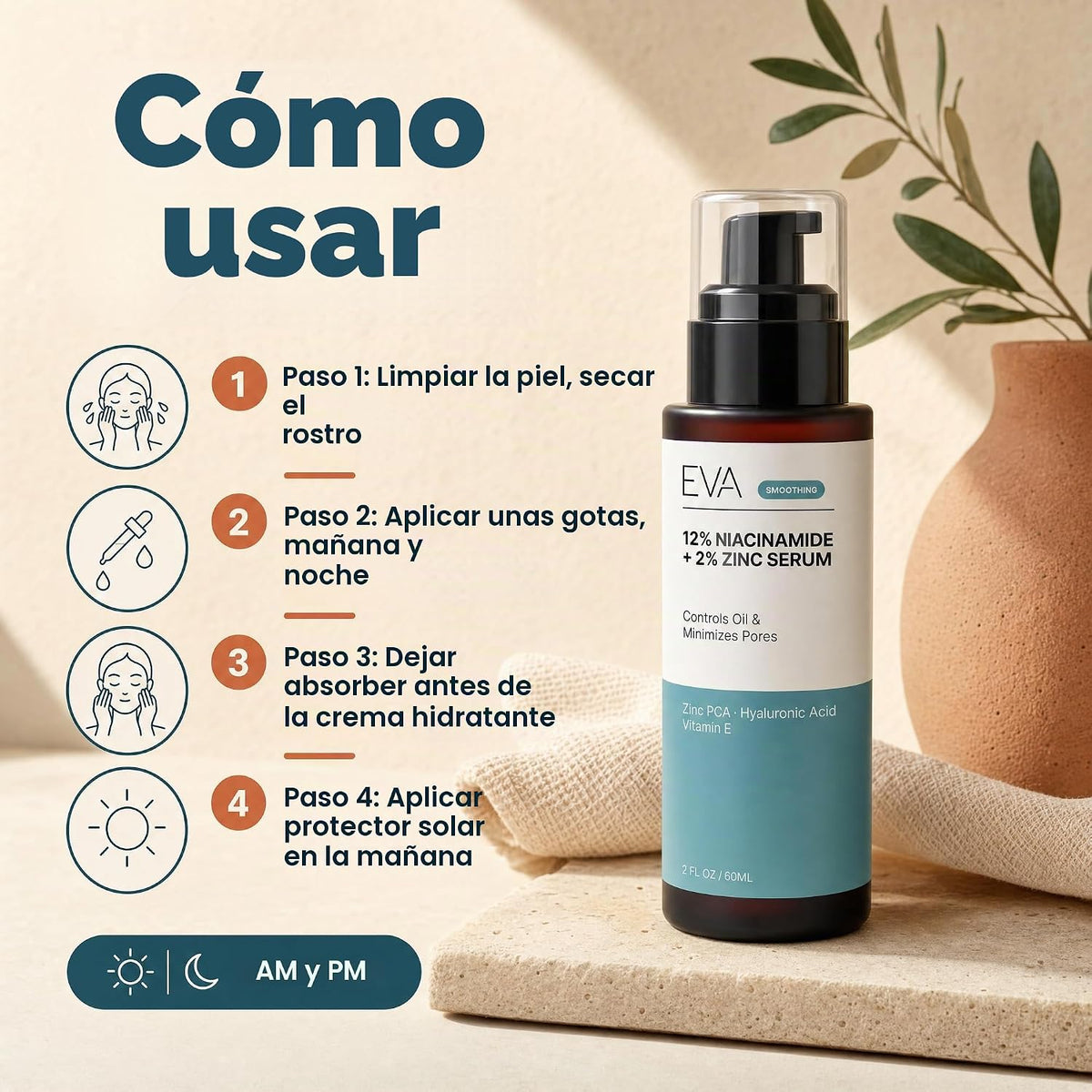 Eva Naturals - Suero de niacinamida 12% + zinc con ácido hialurónic...