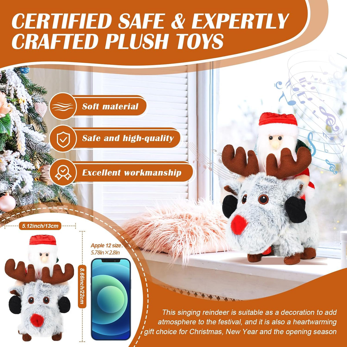 Gfilay Juguete de peluche animado de Papá Noel montando reno gris c...