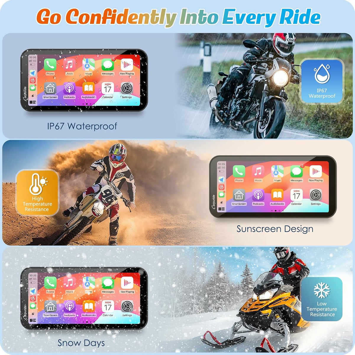 Carpuride W603 6.3" motocicleta inalámbrica CarPlay y Android A...