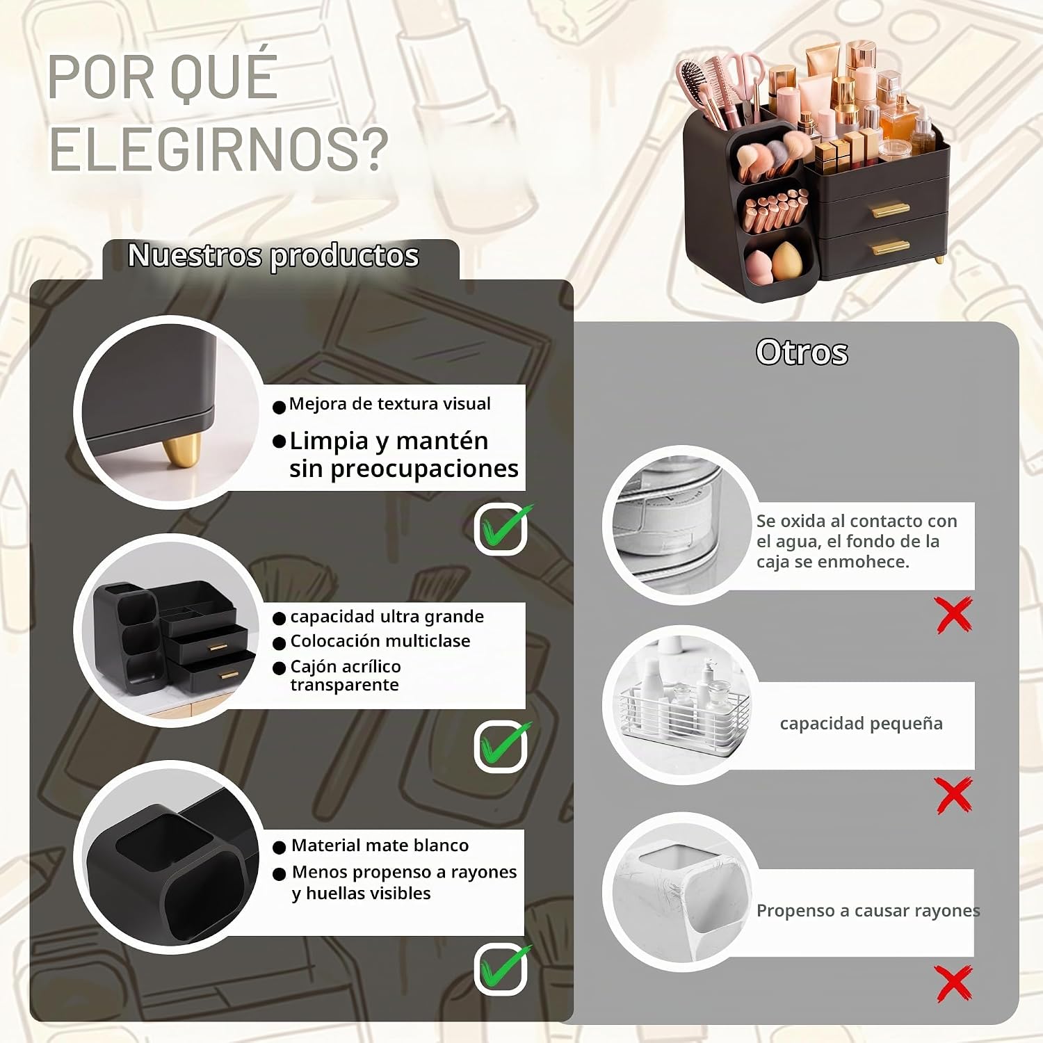 Asdbko Organizador de maquillaje de gran capacidad con soporte para...